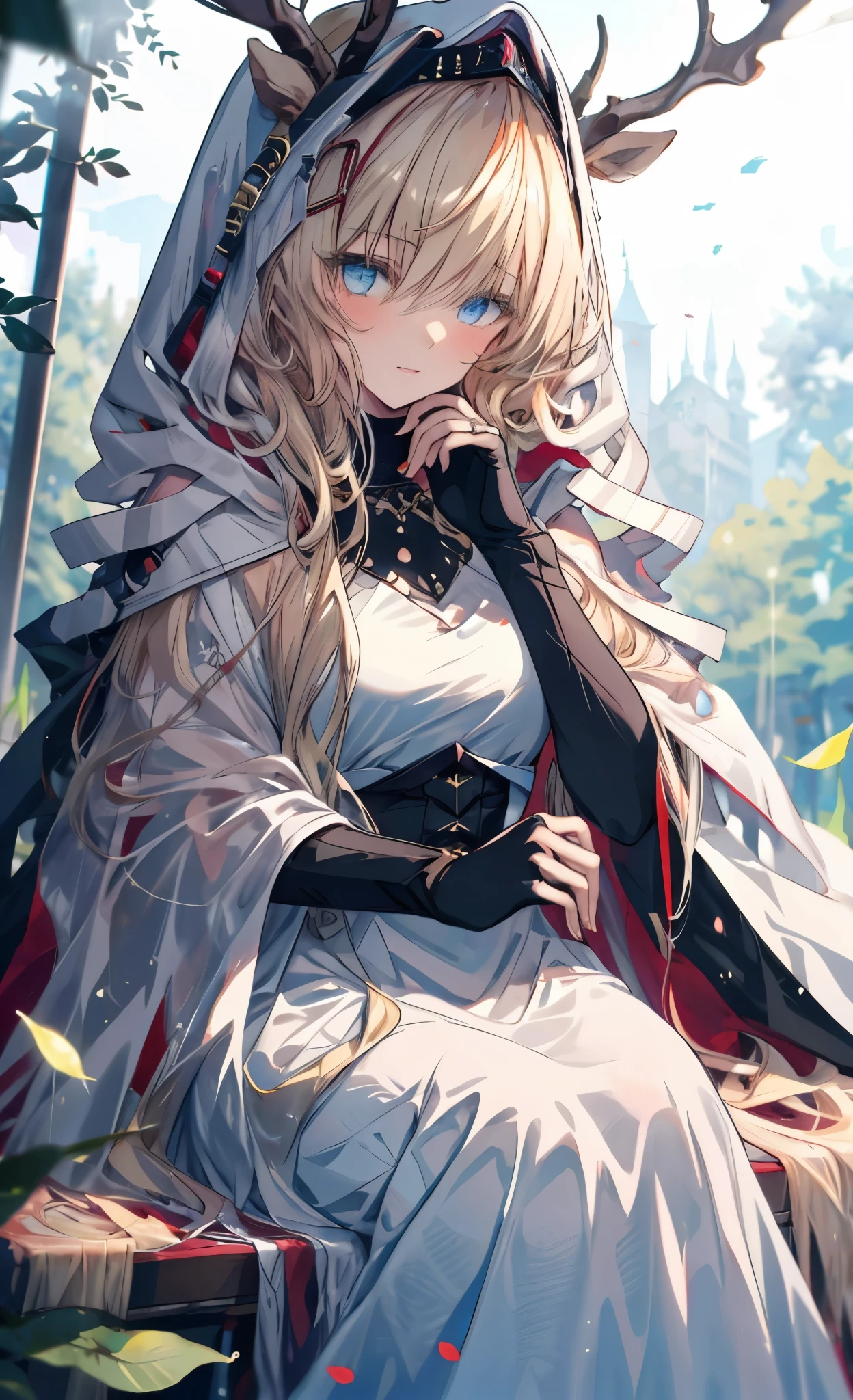 "(best quality, masterpiece:1.2), 1 girl with long blond hair sitting in a field with green trees and flowers, her hand under her chin, Warm lighting, White Dress, Blurred foreground"