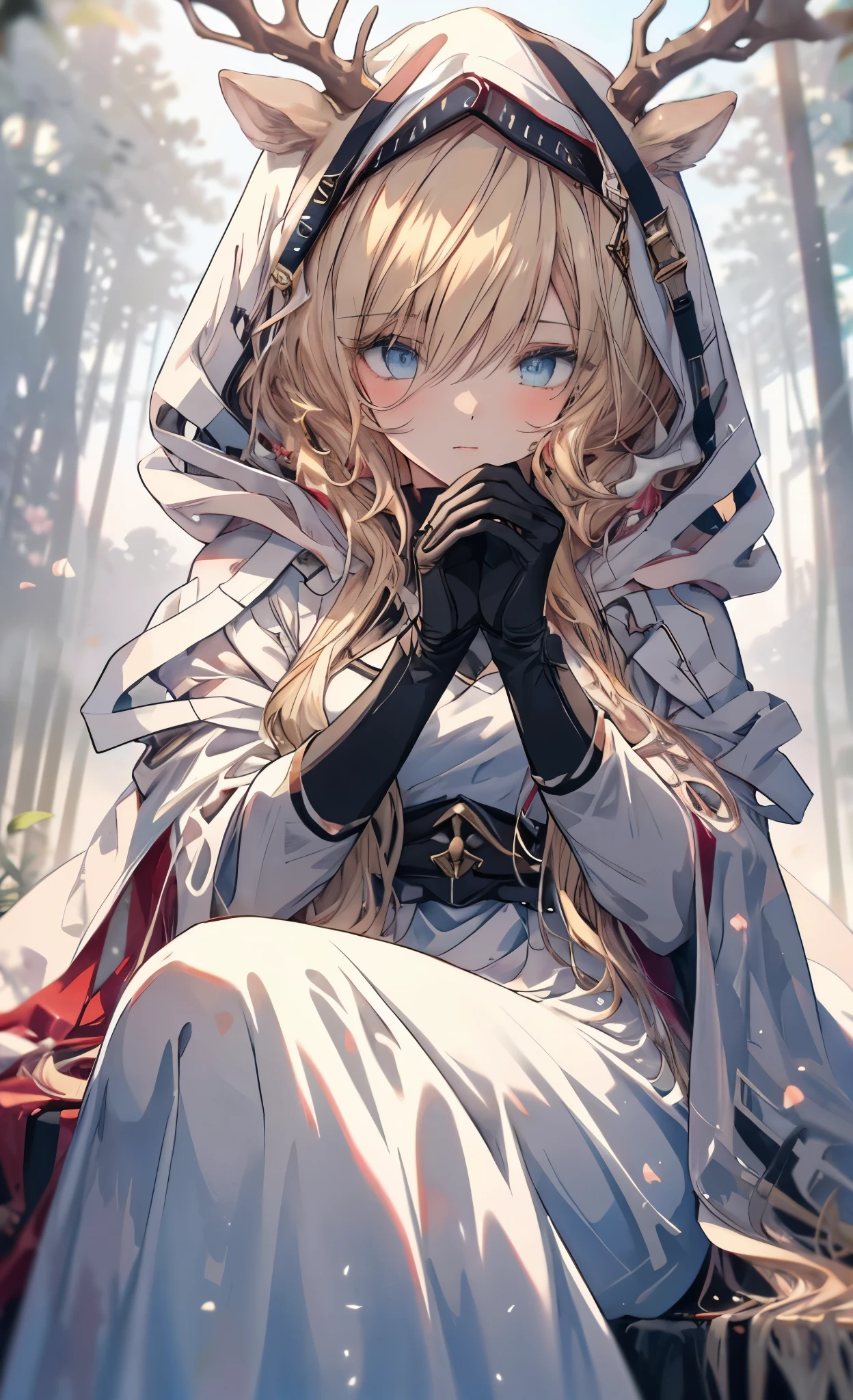 "(best quality, masterpiece:1.2), 1 girl with long blond hair sitting in a field with green trees and flowers, her hand under her chin, Warm lighting, White Dress, Blurred foreground"