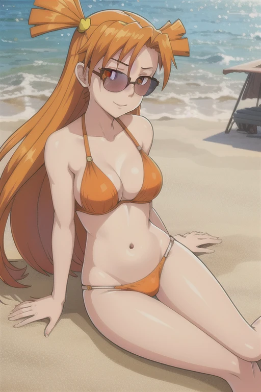 (Anime), (illustration), Cartoon, detailed,  Dvache,  hair ornament,  Sunglasses,  Orange flowing hair, orange eyes,  heart hair decoration ,in a bra, in a bikini, bare shoulders, sexuality, lies on the sand, long legs