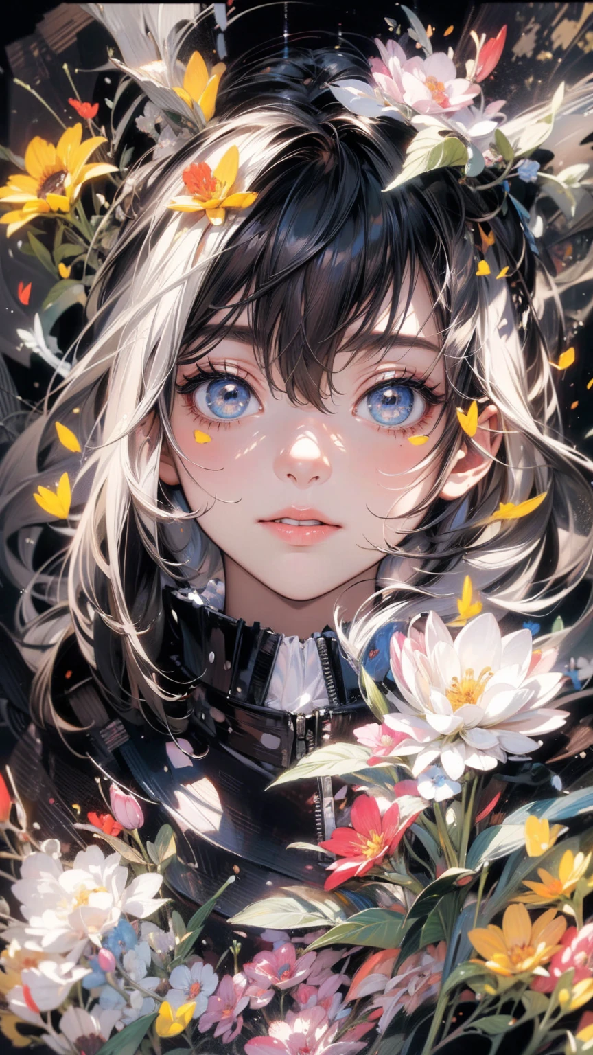 (masterpiece, High resolution, highest quality), Composition from head to thighs:1.3, Upper body focus, 20-year-old woman, Disorganized, Petal Collage, abstract design, artistic juxtapositions, Black Background, mixed-media approach, Anime Style, Simple lines, Digital Painting,
