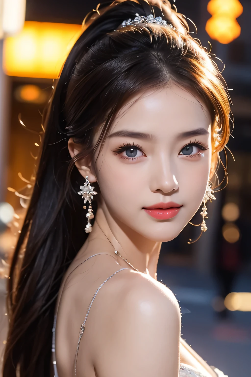 High-quality work,Realistic works,Super premium graphics,8K HD CG works,high quality graphics,High-definition and exquisite CG works,10x pixels,Ultra-fine details:1.1,Advanced technical details:1.1Realistic photo effects,Interior lighting effects:1.5,natural soft light:1.5. Light effect(Virtual light effects:1.8),Ultra-high resolution,shining dress,sliver long hair,silber hair,transparenthair,high detailed hair(Quality hair details:1.1)Clear eyes,Double eyelids look good,Sharp eye makeup, Create exquisite eyelash makeup, tthin eyebrows, Ultra-detailed eyes,a tall nose, lovely red lips, rosey cheeks, With delicate makeup on her face , pretty face, The face shape is perfectly proportioned,(Advanced facial details:1.1)Urban beautiful girl college student, masterpiece, light makeup, red lips, silver hair, messy long hair, street background, beautiful, elegant. super fine details, master works, authentic texture, cinematic lighting realism, perfect job, 16K, hd, exquisite features,blue eyes、japanese idol、Beautiful Face、cute smile、brown hair、beautiful hair、ponytail、glamorous、 big breasts、erect nipples、Oily muscle、shiny skin、tanned skin、Black glowing skin、Sexy knitted sweaters, bright big eyes, smooth skin, earrings, necklace, tattoo, ,Women's artwork,Dress full body video,Reality,Amazing Cleavage,My eyes are very bright today