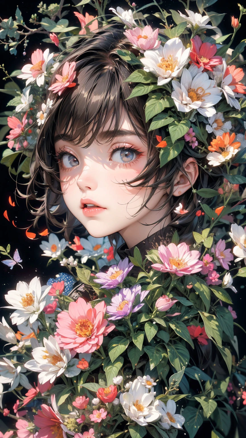 (masterpiece, High resolution, highest quality), Composition from head to thighs:1.3, Upper body focus, 20-year-old woman, Disorganized, Petal Collage, abstract design, artistic juxtapositions, Black Background, mixed-media approach, Anime Style, Simple lines, Digital Painting,