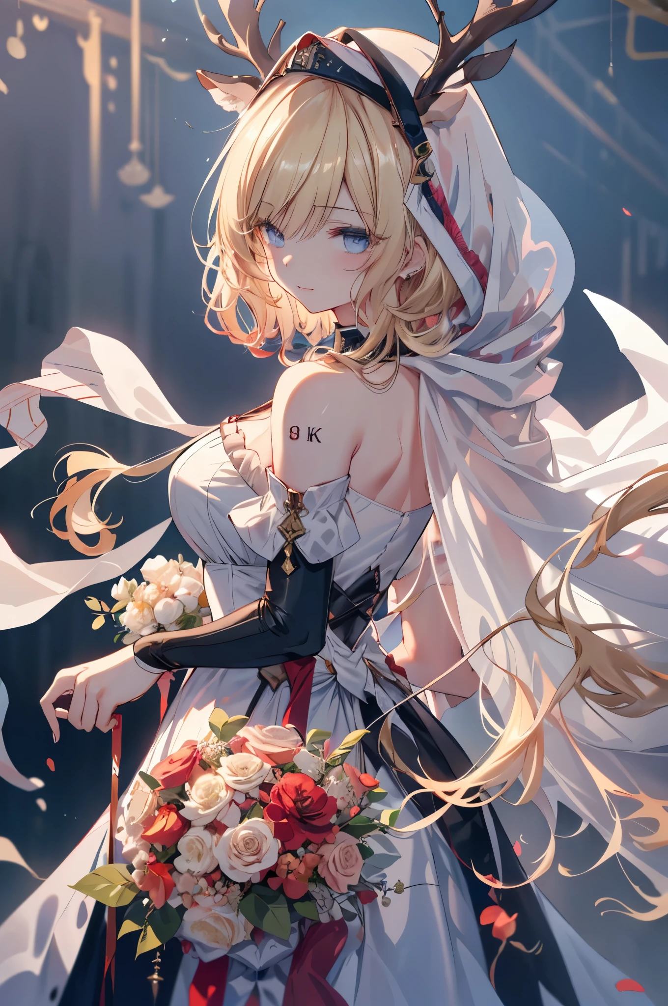 (((masterpiece))),(incredible_absurd),(best quality),(high resolution),(Very detailed),((CG unified 8k wallpaper)),(masterpiece、Top quality、Implications、extremely high quality、High level of image quality、Extremely sensitive writing)Blonde girl standing in beautiful garden、A faint smile、She has a big bouquet、Cute national costume style dress,Ruffles at shoulders、Hair blowing in the wind