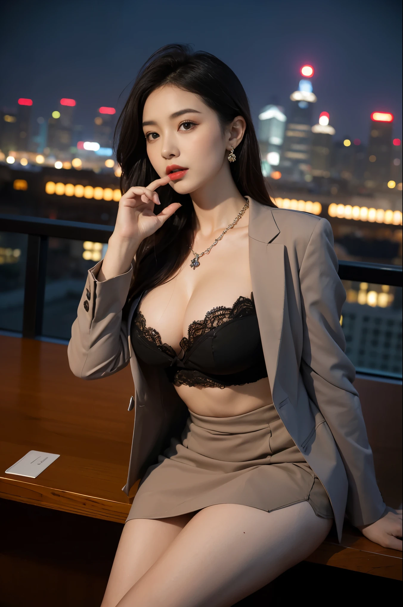 in the office,a young beautiful lady,Wear professional attire,gray blazer,Lace bandeau underwear,slit covered skirt。Bigger and wider hips,thin waist,The upper body rounder,full,Super in shape。Dressed up with jewelry,necklace,earrings,watch,High heel,black stockings。Painted with light makeup,beautiful eyeeautiful lips,very beautiful,Very temperamental。at desk,camel toe, Background modern city office buildings,Very modern,There a lot of space,Outside the window the night view of the city,Modern Shanghai city night view。8 p.m,City neon lights flashing。Professional lighting effectovie shot,intricate details,The best resolution,masterpiece。Complete fingers,intricate details