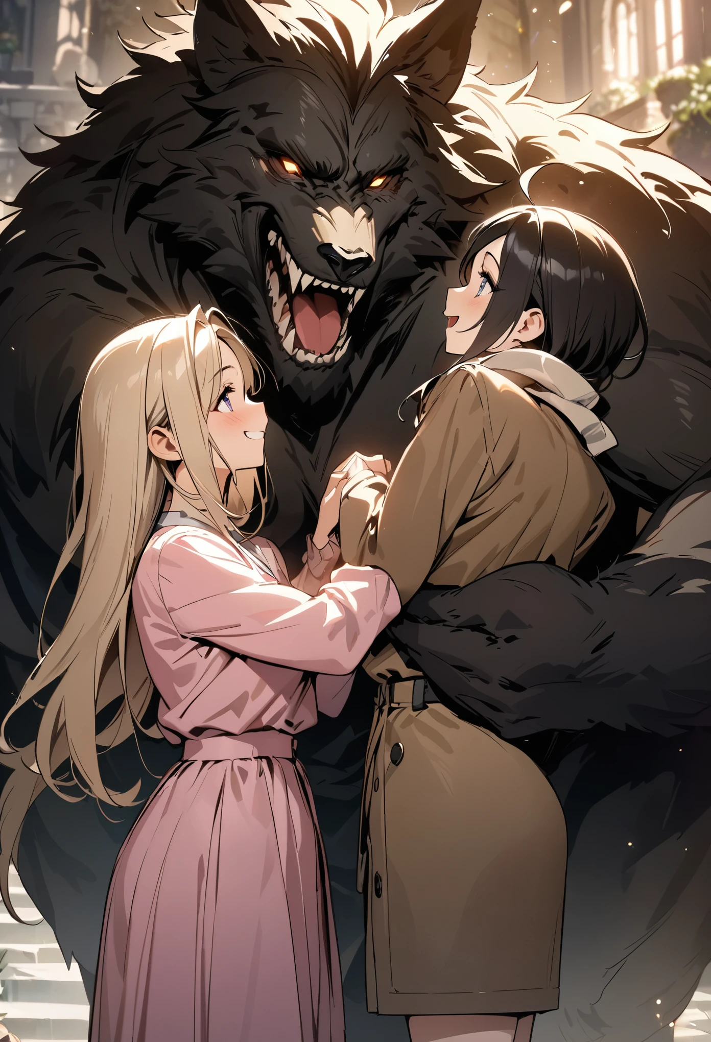 cover page, highres, top quality, best quality, paid reward available, unparalleled masterpiece, perfect artwork, absurdres, High-quality illustrations, super high resolution, detailed background, perfect anatomy, love story of human girl and giant Werewolf, love romance, The princess and the prince, family photograph, pair, Height difference, Physical difference, perfect anatomy, smile, joyful, play with, smile, happy, ((dramatic))epic, One scene of movie,