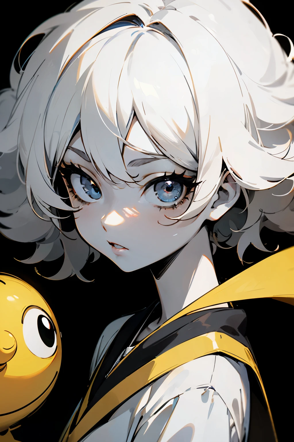 chica anime, pelo corto blanco, piel clara, ojos color blanco y unifrome negro