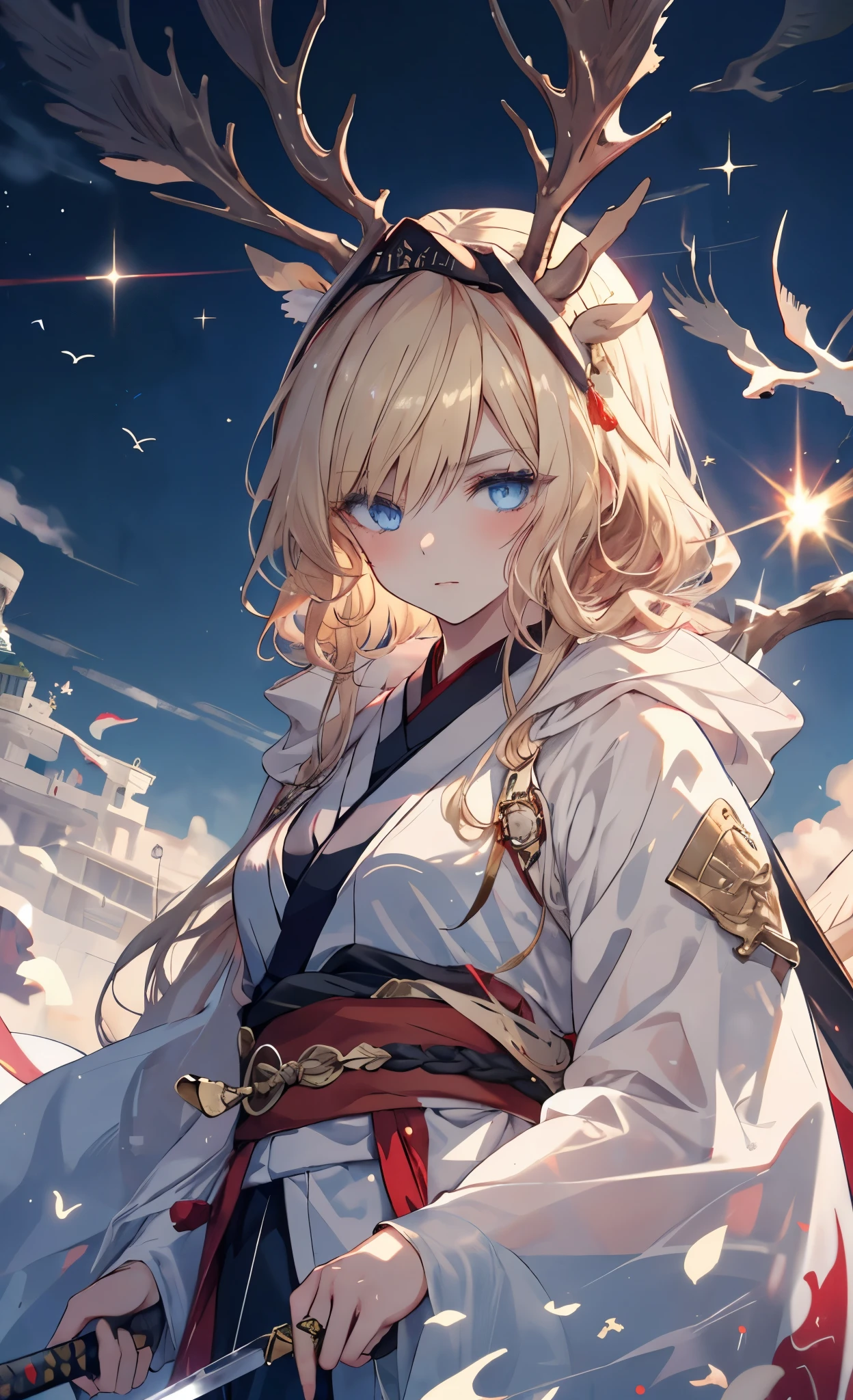 masterpiece, best quality, 1 girl, blond hair, blue eyes, Female swordsman walking, Hook of Holland, Movie, Volumetric Lighting, Sunlight, soft light, mystery, magic, Rim Light, fantasy, spark, Shimmer, Ponytail hairstyle, Hanfu, Carrying a sword, China, White and clothes, bird, crane, Long hair, Thick eyebrows