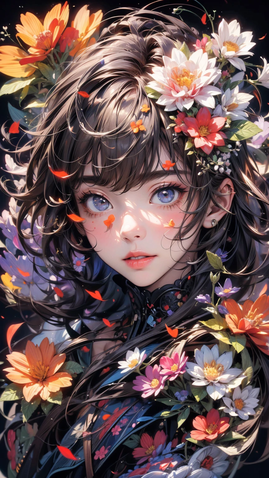 (masterpiece, High resolution, highest quality), Composition from head to thighs:1.3, Upper body focus, 20-year-old woman, Disorganized, Petal Collage, abstract design, artistic juxtapositions, Black Background, mixed-media approach, Anime Style, Simple lines, Digital Painting,