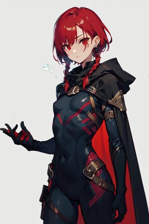 fantasy class,rogue,
ligne claire,flat color,
1girl,
red hair,twin braids,short hair,
red eyes,
earrings,
assassin suit,black suits,
short cape,
cowboy shot,looking_at_viewer,