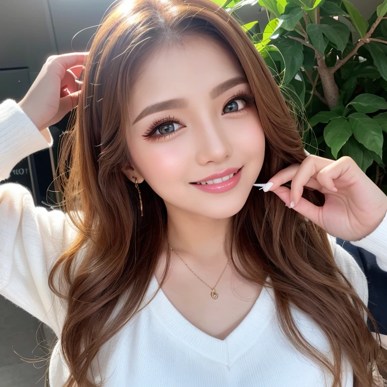 ((highest quality, Tabletop, Ultra-high resolution、The most complex and detailed depiction))、(Very bright lighting:1.1)、(Spring-like clothes)、(Beautiful woman:1.1)、(Long Wavy Hair:1.05), (Accurate anatomy:1.1)、Color Contact Lenses、Perfect Makeup、、lipstick、Highly saturated eyeshadow、Cute one-piece figure、blurred background, look at me and smile、Fine dining、(Face close-up:1.1)、(Ultra-high resolution光沢, Fair skin:1.1)、Ultra-high resolutionの顔、Ultra-high resolutionの髪、Ultra-high resolution sparkling eyes、Ultra-high resolution glossy lips、(Brightly lit white skin:1.1)、Beautiful face drawn in every detail、Ultra-high resolution perfect beautiful teeth、(bright and vivid:1.1), whole body