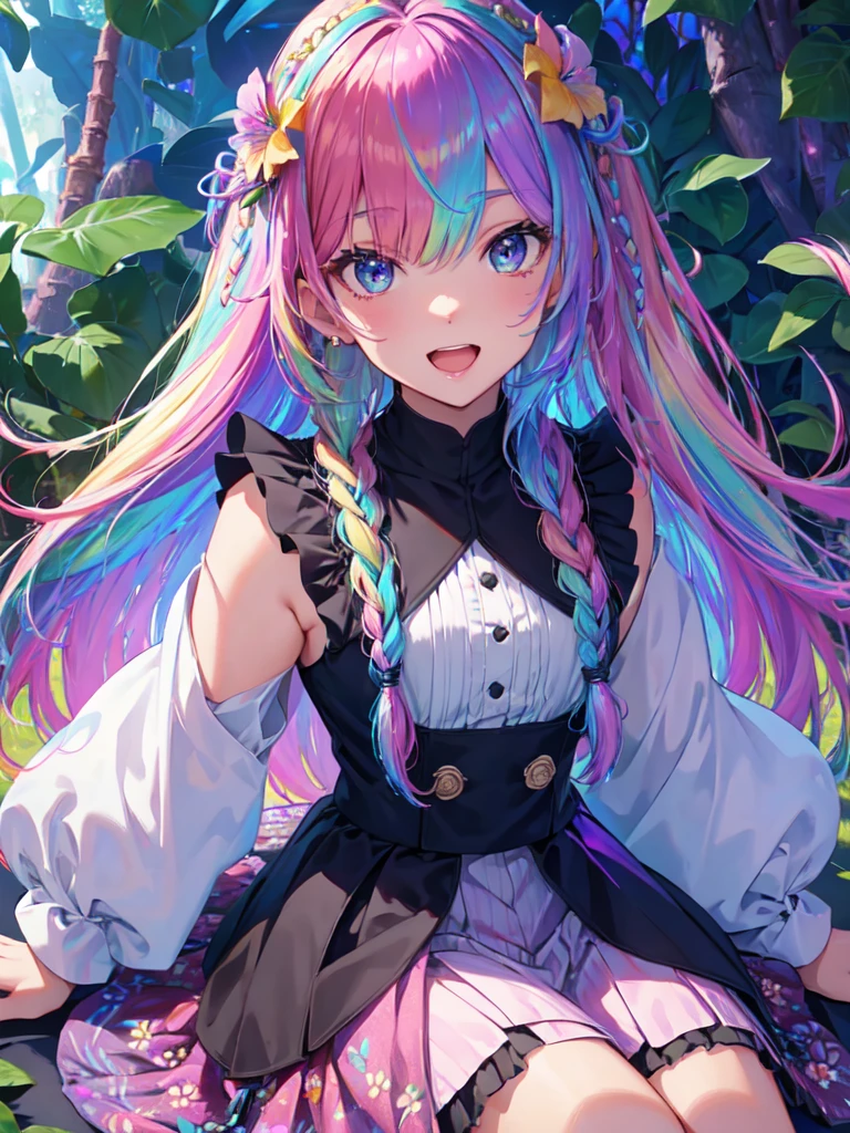 (In 8K, best quality, muste piece:1.2)、ultra high resolution,1 female 、ultra-detailed face,detailed eyes,open mouth,laughing,((Rainbow Hair)),asymmetrical bangs,twin braids,BREAK,((flower dress)),ruffle skirt,BREAK,(iridescent light:1.4),botanical garden
