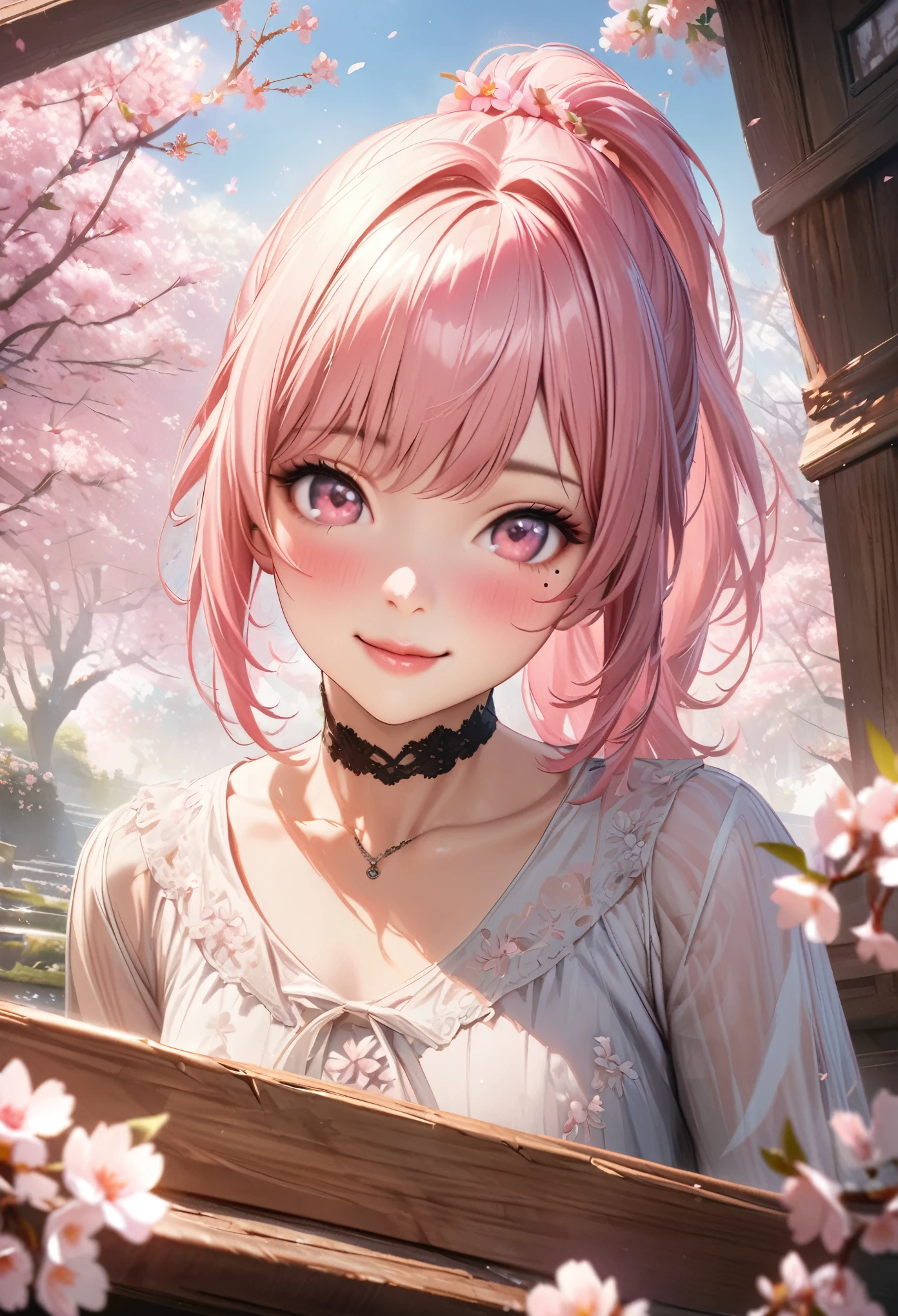 masterpiece, higst quality, highly detailed, high resolution, an high resolution, high resolution, 4k, 8k, unity 8k wallpaper, highly detailed cg, masterpiece, realistic, beautiful detail, depth, fine texture, hig hisst st quality: 1.3, total concentration, crisp skin, him, very cute anime, cute like an idol, high , pink long hair, one girl, high , spring, cherry blossoms, smile, long pink ponytail hair, whole body , Mole under eye, line sight, high, blush, lips parted, he art, pink eyes, choker