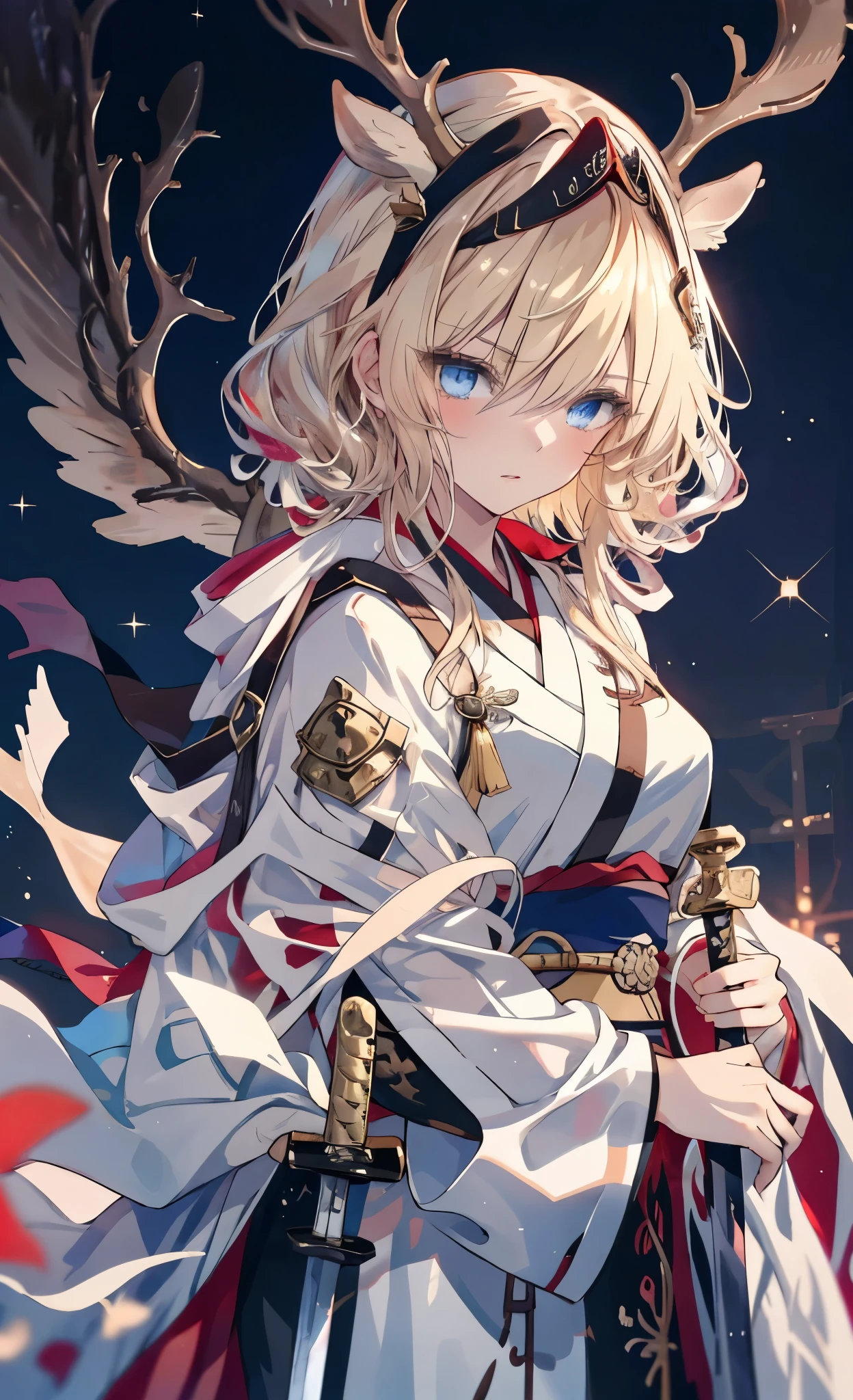 masterpiece, best quality, 1 girl, blond hair, blue eyes, Female swordsman walking, Hook of Holland, Movie, Volumetric Lighting, Sunlight, soft light, mystery, magic, Rim Light, fantasy, spark, Shimmer, Ponytail hairstyle, Hanfu, Carrying a sword, China, White and clothes, bird, crane, Long hair, Thick eyebrows