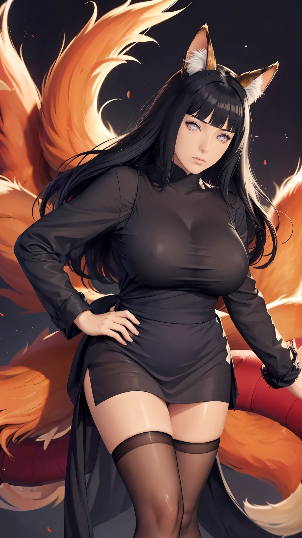 (((完美figure,figure,(((solo,White skin,kurama,Pommeled Horse, abdominal muscles, red eyes, animal ears, body hair, colored sclera, fox ears, fox girl, fox tail, hairy, hairy female, fox, multiple tails, muscular, orange fur, tail, (((hinata\(boruto\),purple hoodie,brown pants,black shirt, apron))),))),(((hinata\(boruto\),,(((black long hair))), blue eyes,blunt bangs))),((masterpiece)),high resolution, ((Best quality at best)),masterpiece,quality,Best quality,((( Exquisite facial features,Looking at the audience,There is light in the eyes,(((Pain, patience, biting lips))),))),型figure:1.7))),(((Light and shadow,Huge breasts))),(((Looking at the camera,black background,)))