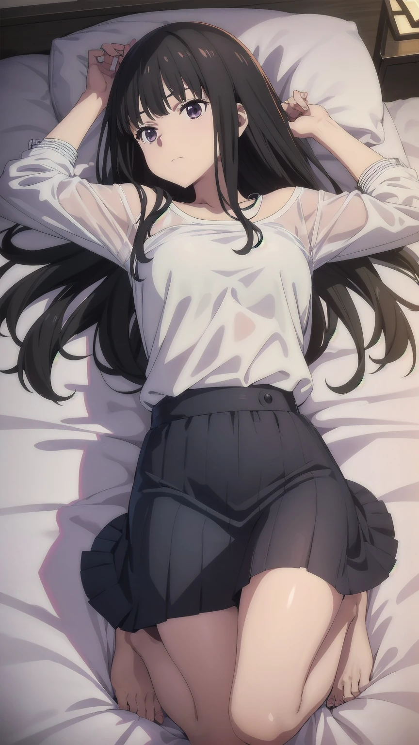 Flushed face, lying in bed yawning and squinting, head resting on the pillow, stretching arms lazily, bending legs, looking up towards the ceiling in the direction of the viewer, /(camera focus from the top plane), a beautiful 18-year-old woman, /(Long black hair straight In a ponytail and soft with a bun at the ends, light brown eyes, white skin,), /(Hourglass-shaped body, wide hips, small waist, shapely legs, big chest, small hands, thin fingers, Greek nose, almond-shaped eyes,), (Maid clothing: fitted blouse, pleated mini skirt with lace, platform booties, thigh-high stockings held up by garters,),