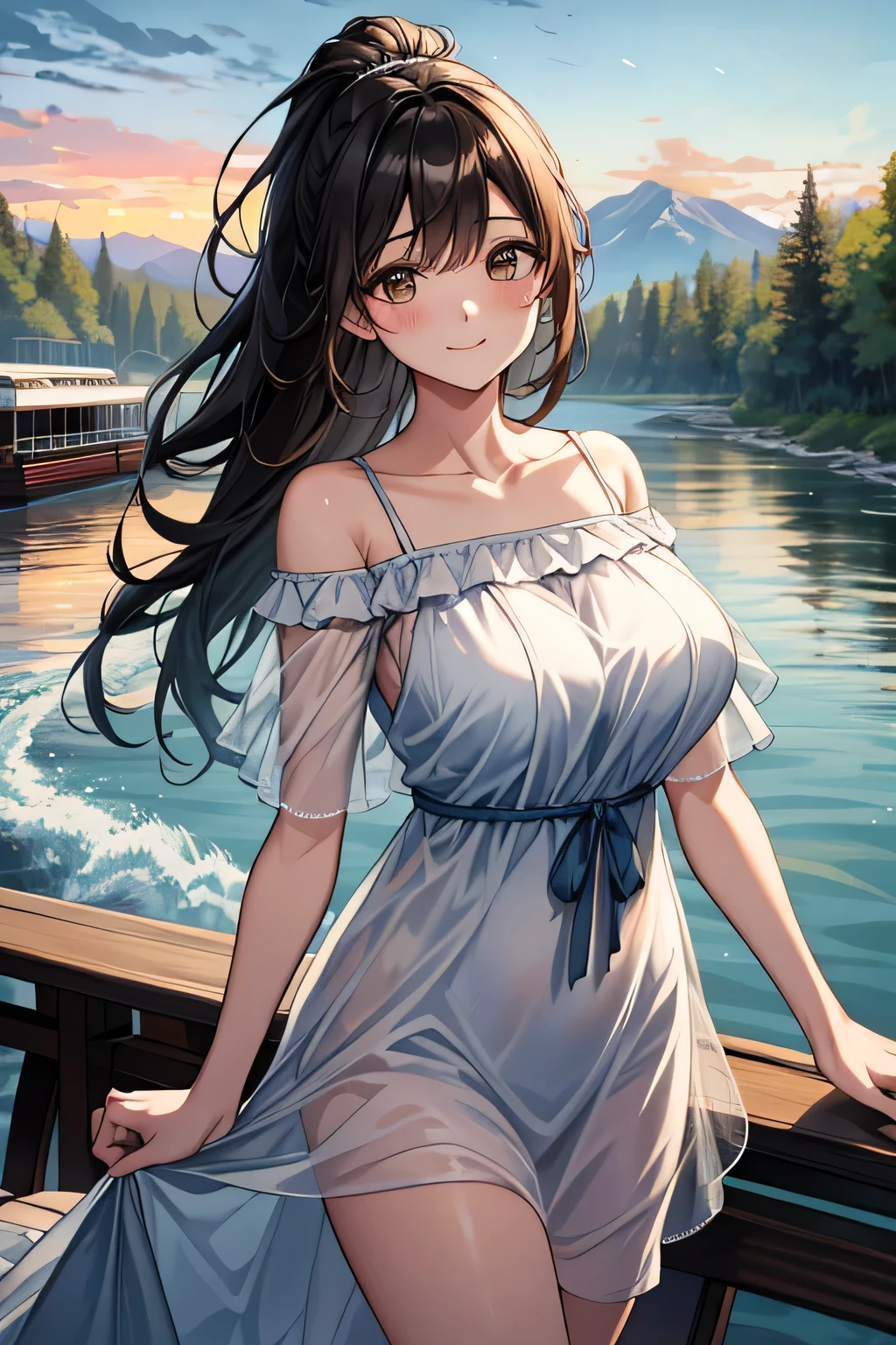 (highest quality:1.4)、(High resolution)、Detailed Background、(Beautiful face in every detail:1.4)、Anatomically correct、(Draw the usual number of fingers:1.2)、(Detailed facial expressions)、Beautiful, smooth skin、Beautiful  girl、(Three Women:1.2)、(Huge breasts:1.3)、brown hair、Black Hair、ponytail、Long Hair、Realistic、Perfect body line、cute、Cute gestures、Cowboy Shot、

Cut-out design swimsuit、Since you may get wet, wearing a chiffon cover-up will help you look sexy and stay comfortable.、See-through dress、Wear a bikini under a one-piece、The dress becomes transparent when wet、

(Woman enjoying river boat ride:1.5)、

This is one of the most popular spots for rafting on the Colorado River..、
Enjoy the spectacular views surrounded by overwhelming nature.、
Letting yourself go with the flow of the river、A unique experience with spectacular views of the surrounding rocky mountains.。.、
Down the river at dusk, You can enjoy the beautiful view of the sunset reflected on the river surface..、

Not only can you experience the natural beauty and historical value of the area,, You can also experience adventure.、Enjoy the bounty of nature、Enjoy a relaxing time on board、cute
