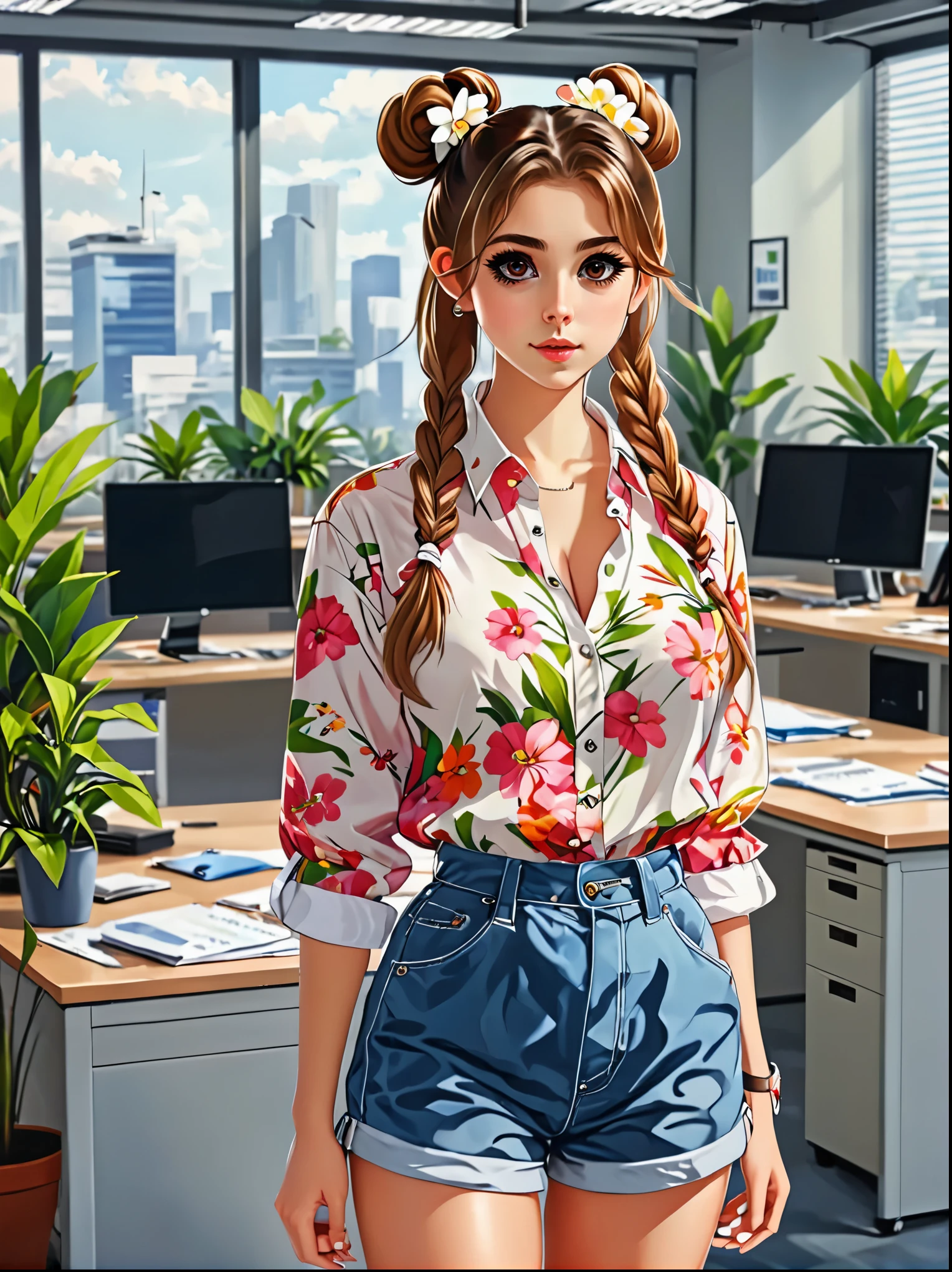 (masterpiece, best quality:1.2), 1girl, (solo:1.5),big eyes,Cute expressions,Two hair buns,Floral shirt,Work clothes,White sneakers,Standing,interesting,Clear lines,Busy office background