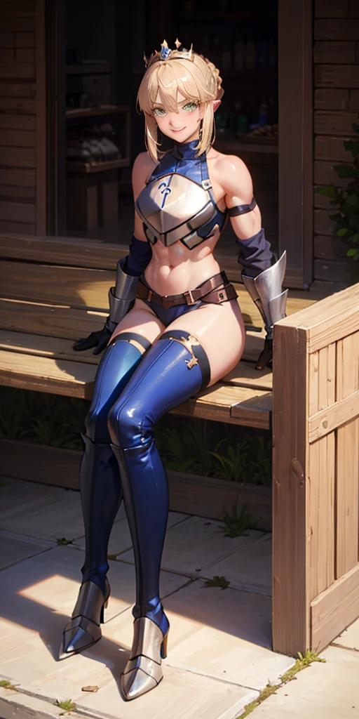 Lancer Artoria, elegant adult female, blonde, green eyes, (yellow eyelashes), crown, turtleneck, full body sitting on a bench showing ass to me, BLUE breastplate, BLUE skin (1girl)(BLUE skin:1.2), looking at viewer, shiny, armor, thigh highs, high boots, pauldrons shoulder armor, faulds, poleyn, gloves, gauntlets, rerebrace armored boots, (masterpiece, best quality, ultra-detailed, best shadow) yordle pointy ears muscular lean platinum blonde long twin-tails hairstyle at the office lustful smirking smile face red blushed, blush, strong abs, female body builder, tiara, twin drills hair