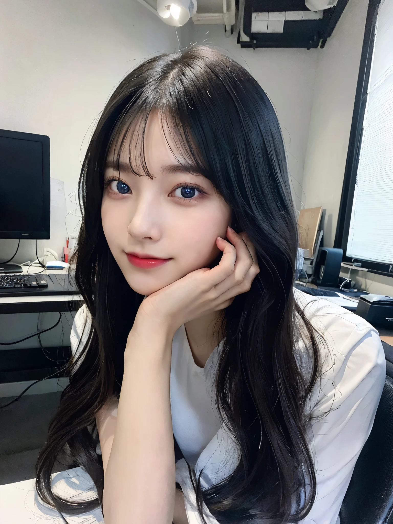 (masterpiece, best quality), (complex light), 1 girl, solo, wearing, black cort, smile, sitting beside of the computer working on project, background in the office room,(russian ),(blue eyes and black hair),