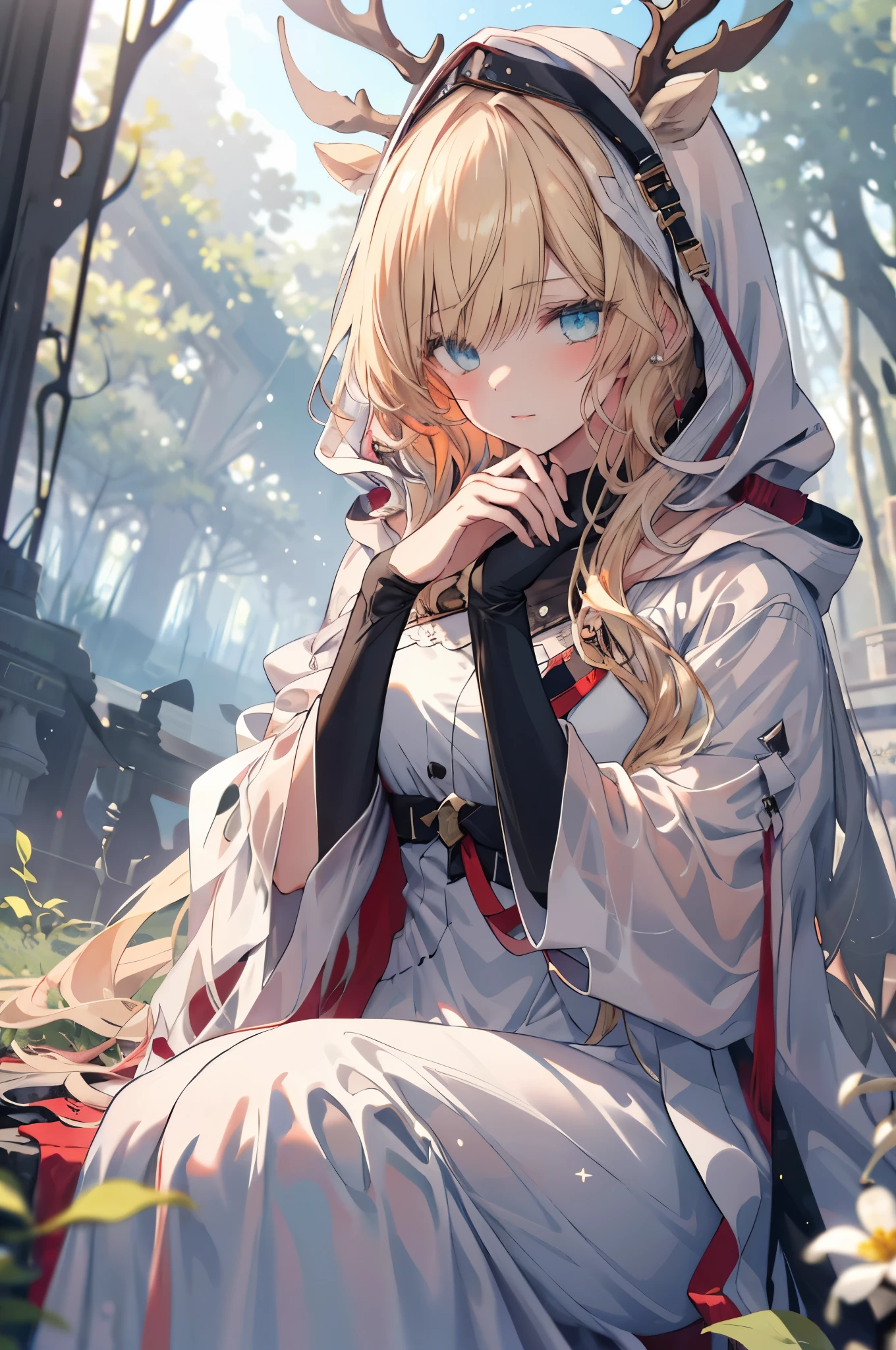 "(best quality, masterpiece:1.2), 1 girl with long blond hair sitting in a field with green trees and flowers, her hand under her chin, Warm lighting, White Dress, Blurred foreground"