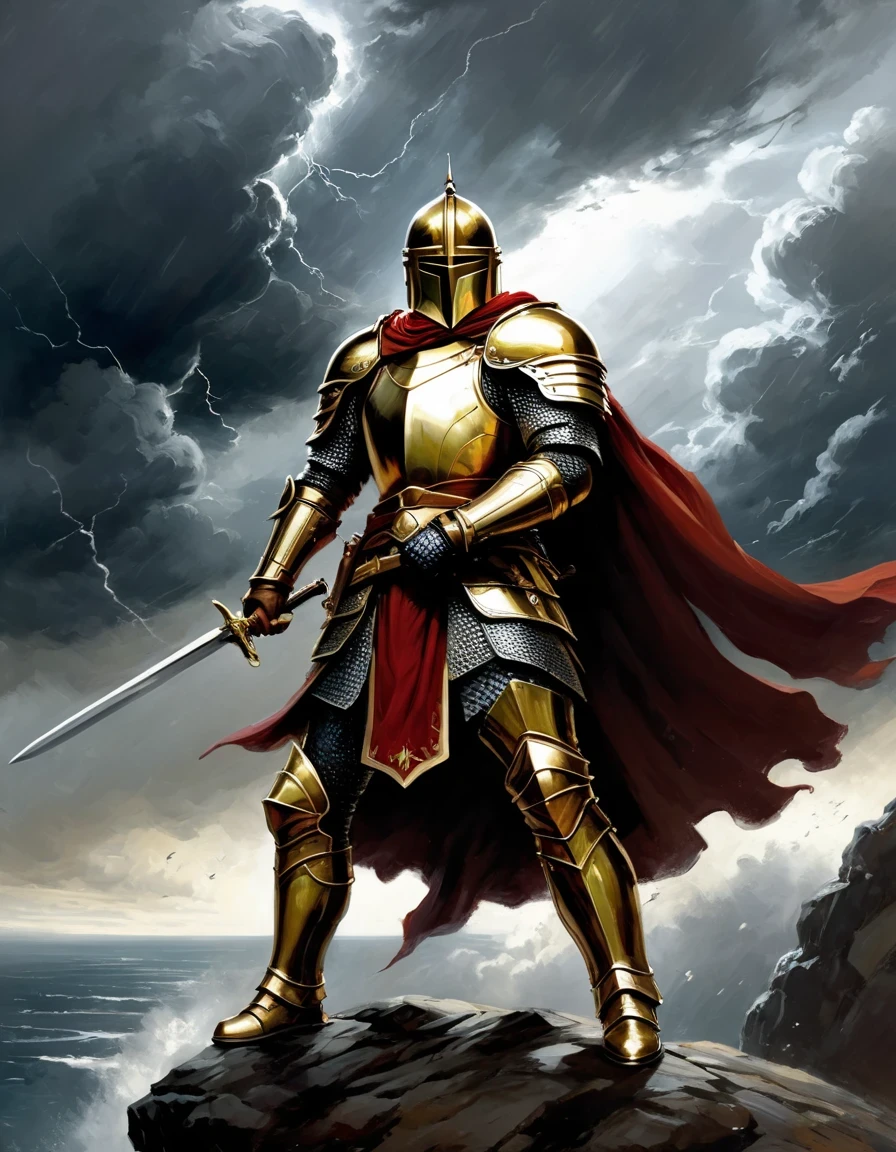 in style of Alex Maleev, beautiful details，(a close-up,high quality,32k),[sword],[knight],[armor],[detail:1.2],(gold),(steel),(sharp),(shiny),(ornate),(intricate),[helmet],(leather gloves),[focused],[determined],[heroic],[stern expression],(medieval),(fantasy),(commanding pose),[elaborate background],(dramatic lighting),(stormy atmosphere),(storm clouds),(majestic),(powerful),(intense),(imposing),(gazing into the distance)
