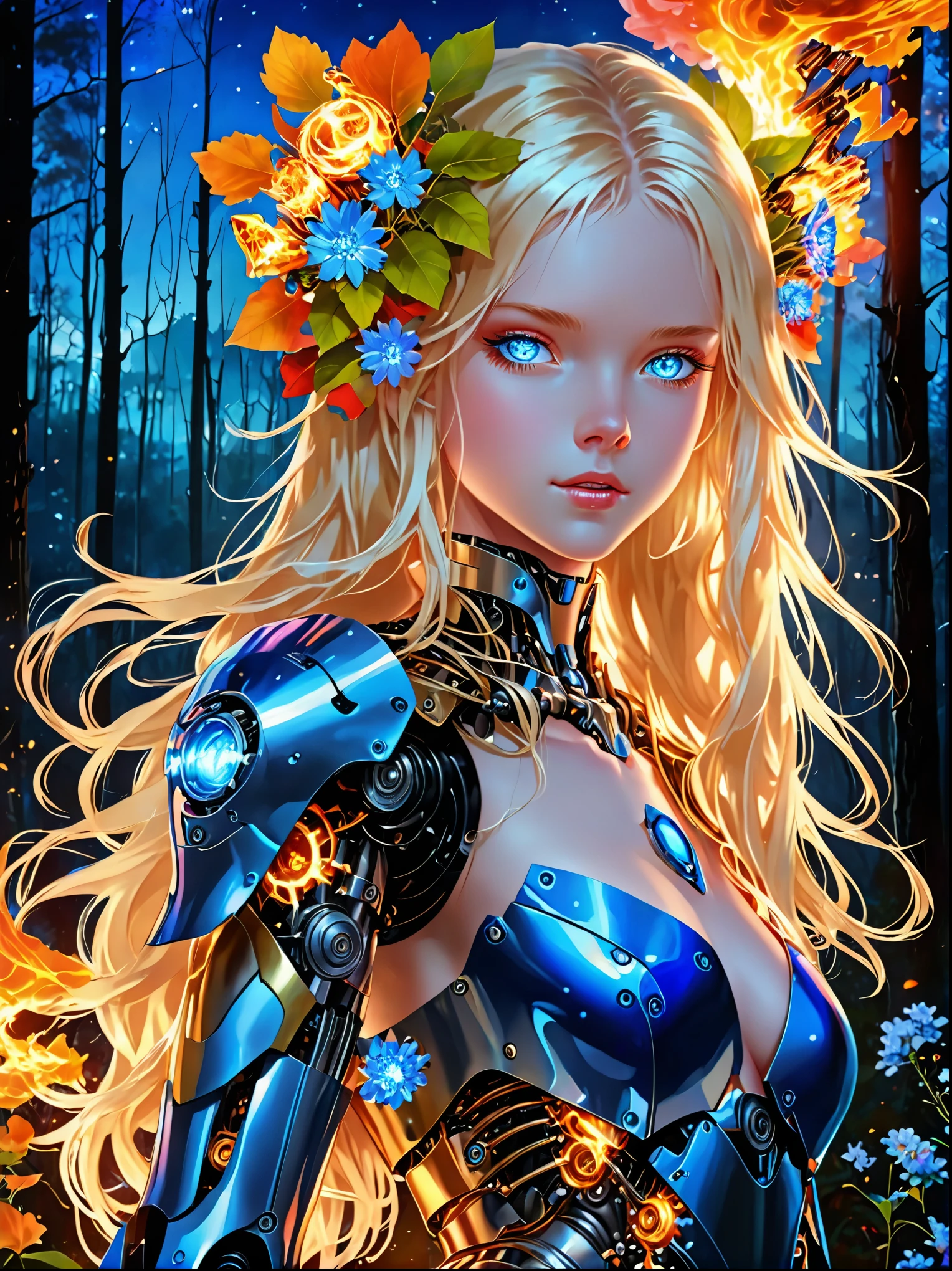 (covered in flowers:1.4), (1girl), blue eyes, night sky, robot joints, (raw flesh:1.3), (blonde hair:1.3), faize, fire and ice, (image split in half with multiple colours:2), (cogs attached to body:1.2), gold plates, blue eyes, sapphire, liquid metal, night sky, (looking at an angle:1.3), (fire and ice), ((ral-chrome)), (hair bow:1.4), (forest:1.3), (fog:1.3)