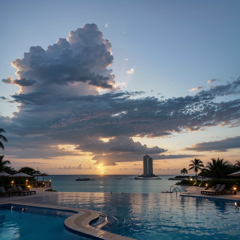 Beautiful sunset , day time,beautiful sky,beach back ground clearly water , Luxury 5 stars hotel,biggest pool,full of stars,fantasy,pattaya beach