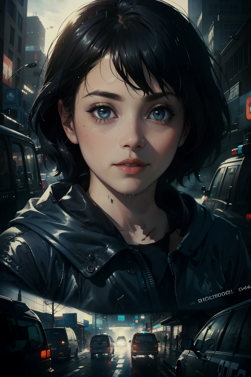((highest quality)), ((masterpiece)), (be familiar with), (High definition), (Accurate), (Realistic), (Cinematic), (Best Shadow), (Low contrast), (8K), Perfect Face, ((SYD MEAD style)), manga、mangaデザイン、Storyboard、Frame division、1 Female, Black Hair, very short hair, ((Blue Eyes)), (Replicant), (On the run:1.2 )、Wearing a hooded raincoat、Hollow Eyes、(Scramble crossing), Being chased by the police、The car is jammed、The drone is flying、congestion, congestion, Decadent Future City, NEO TOKYO, A.D.2051, (steam:1.2), It's raining white, evening, (Close-up of face)、Bust Shot