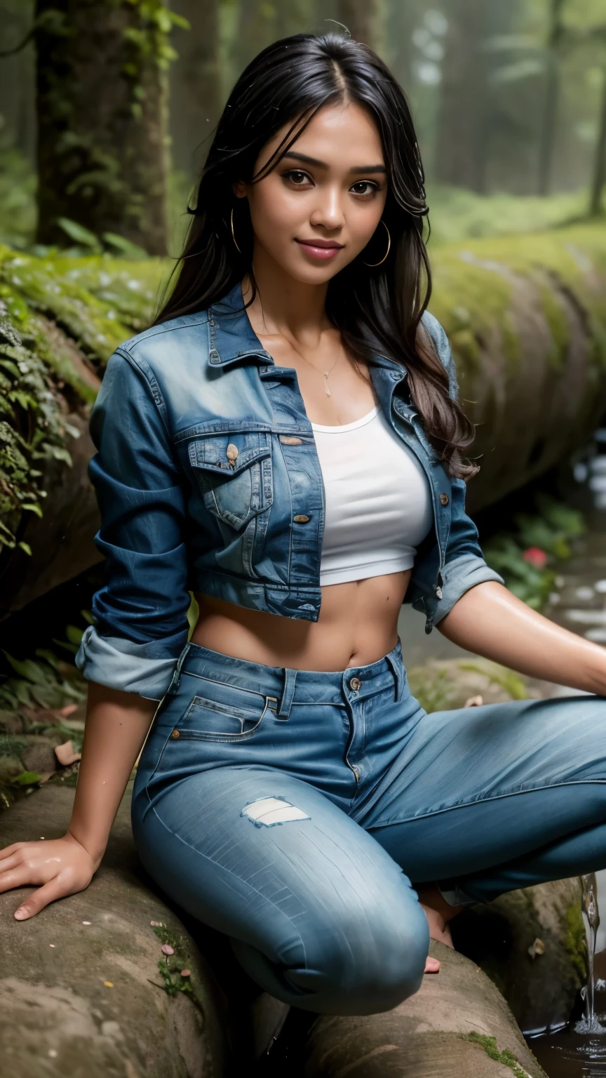 RAW, Best quality, high resolution, masterpiece: 1.3), beautiful Malay woman in raincoat, high resolution, Masterpiece: 1.3,  Masterpiece, Soft smile,  black hair, crouching on rock, raining, vines all around, giant and wet trees ,bright sunshine, denim jacket unbuttoned, crop top, long pants, highres,4k,HDR,1girl, photorealistic, realistic,sweat skin, wet clothes, wet body, big breast, ((full body))soaked, dripping, smiling at viewer, closeup, wide legs sitting