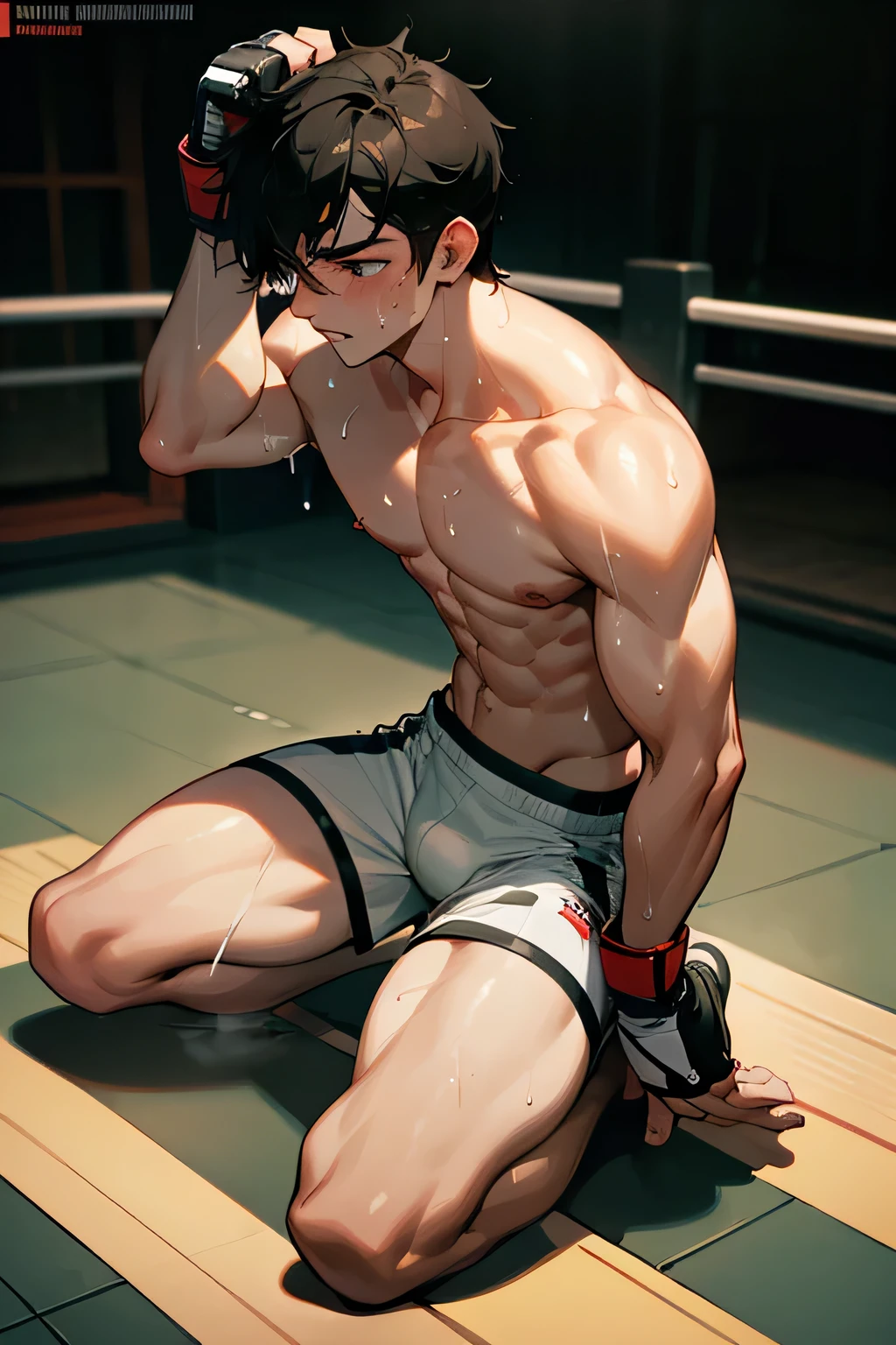 shirtless handsome manly short black hair caucasian male mma fighter, mma gloves, white mma shorts, barefoot, sweat-drenched, soaking wet, drenched with sweat, sweating profusely, soaking wet with sweat, panting, exhausted, gasping, panting, kneeling on the floor, hands on the top of the head, in the gym