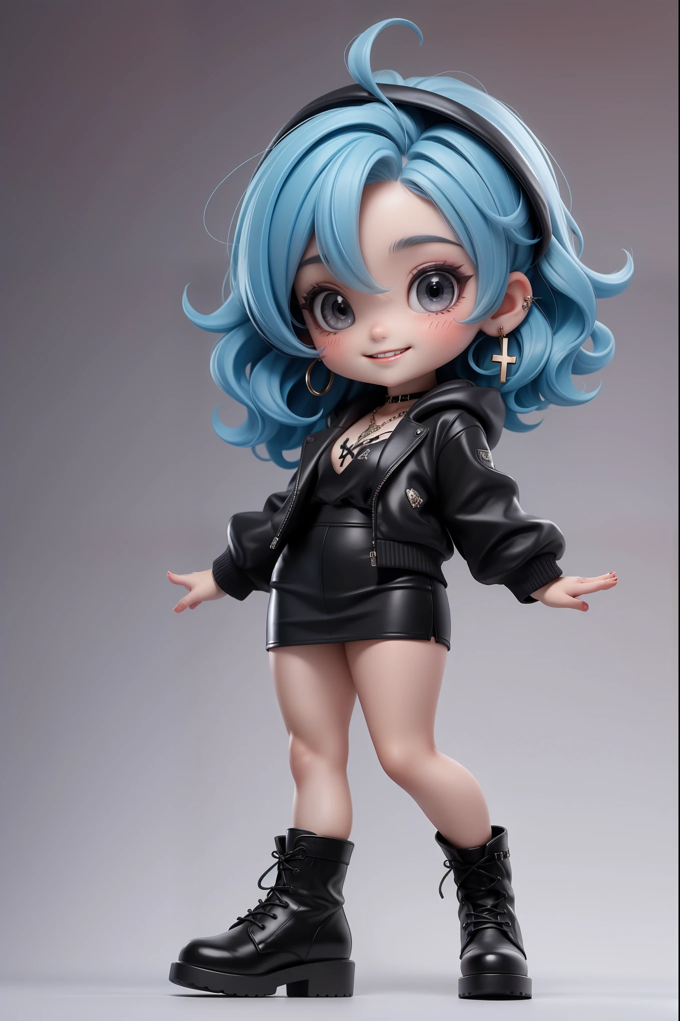 masterpiece, best quality,8K,official art, ultra high res,

1girl,chibi, female , solo, full body, looking at viewer,
jewelry, earrings,
grin, blue hair, short hair, blush,
pencil skirt, boots, shorts, black footwear, black shorts, long sleeves, black jacket, hood, cross-laced footwear,
grey eyes, teeth, wavy hair, shirt, tattoo,