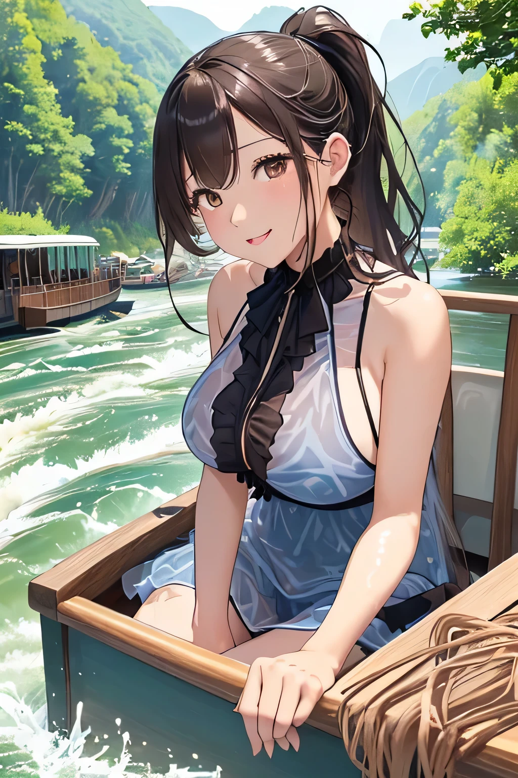 **Prompt:** "Draw an anime-style female character with the following characteristics. - **Hair**: Long black hair tied in a ponytail and adorned with a red hibiscus flower. - **Eyes**: Blue eyes, with a slight blush on her cheeks. - **Expressions**: , nsfw, (ecstatic:1.3), (slutty:1.2), (vulgarity:1.3), (fucked like a fool:1.1), (steamy:1.1), (wet:0.8), (trembling:0.8), (tears:0.7), (drooling:0.6), (sweat:0.8), - **Outfit**: nsfw, she is wearing a black bikini. The bikini top has thin straps and an anchor pendant on her chest. The bikini bottoms are also black and have the words "IRONBLOOD" written on them. She has a black left thigh garter. She is also wearing a light blue shirt that slides off her shoulders. The water makes her costume transparent. - **Body**: She has a toned physique with well-defined muscles in her chest and abdomen. Her skin has water droplets on it, making it appear wet. She has a large cleavage. - **Background**: ,holding on to the railing of the train,armpits, (presenting armpit:1.3),(looking away:1.4), (train interior:1.3),(crowded train:1.3), upper body,(white shirts:1.5), ,alternate breast size, breast grab, (a boy,grabbing from behind:1.5) ,(frown:1.2), (embarrassed,blush:1.2),(Stunned face of despair:1.1),sweat,(angry:1.2)