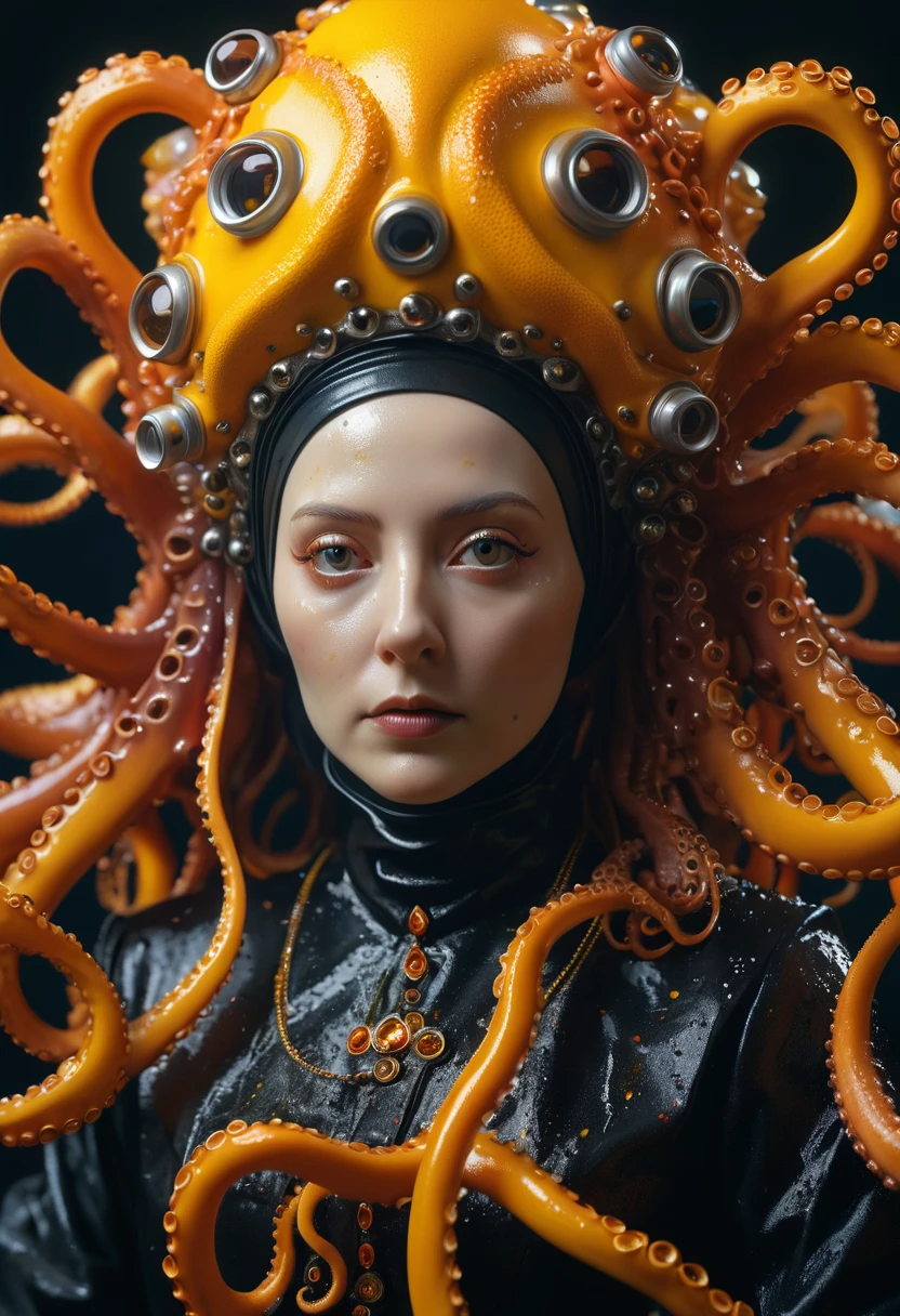 8K, ARTISTIC photogrAphy, best quAlity, mAsterpiece: 1.2), A (potrAit:1.2) witch BLOOD Toon Doll Cthulhu nun QUEEN, ORANGE many octopus style tentacles, full body RAW candid cinema, yellow hair, 16mm, color graded portra 400 film, remarkable color, ultra realistic, sad admosphere, dark lighting, oppressive atmosphere, depressive colors, kodak portra 400, photograph,r, Natural Light, Pinhead lighgts, blur reflection, Brush Strokes, Smooth, abstract, Splatter, Oil On Canvas, rainbow colors, fractal isometrics details bioluminescens : a stunning realistic photograph of wet bone structure, 3d render, octane render, intricately detailed, titanium decorative headdress, cinematic, trending on artstation | Isometric | Centered