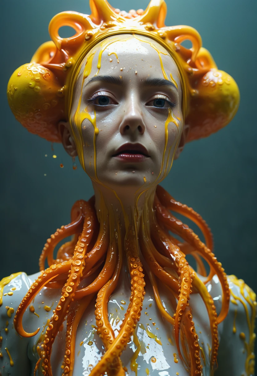8K, ARTISTIC photogrAphy, best quAlity, mAsterpiece: 1.2), A (potrAit:1.2)  witch BLOOD Toon Doll Cthulhu nun QUEEN, ORANGE many octopus style tentacles, full body RAW candid cinema, yellow hair, 16mm, color graded portra 400 film, remarkable color, ultra realistic, sad admosphere, dark lighting, oppressive atmosphere, depressive colors, kodak portra 400, photograph,r, Natural Light, Pinhead lighgts, blur reflection, Brush Strokes, Smooth, abstract, Splatter, Oil On Canvas, rainbow colors, fractal isometrics details bioluminescens : a stunning realistic photograph of wet bone structure, 3d render, octane render, intricately detailed, titanium decorative headdress, cinematic, trending on artstation | Isometric | Centered