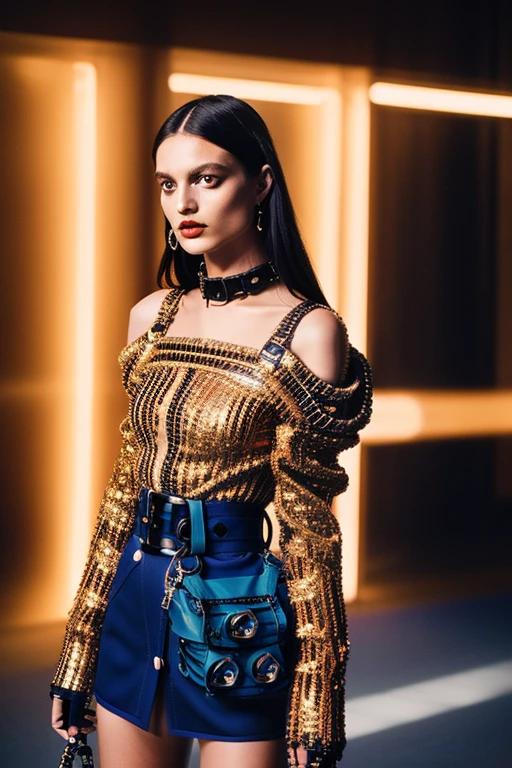 photo of 25 y. o cute Russian model girl in fachion clothes in (Balenciaga style:1.4) and constructivist style, (long sleeve shirt in punk style:1.3), [intricate detail], harmony, (open shoulders:1.3), (high detail skin:1.3), designer, official prada editorial, illustrative!!, aztec street fashion, waist - shot, dior campaign, wearing a designer top, lv, 8k uhd, dslr, soft lighting, high quality, film grain, Fujifilm XT