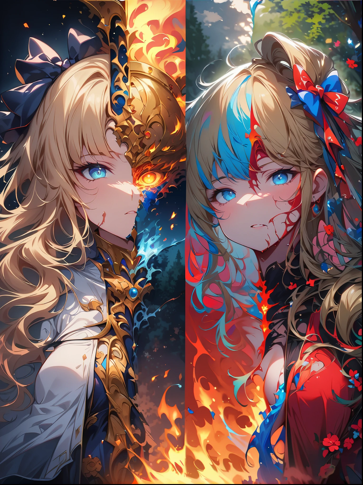 (covered in flowers:1.4), (1girl), blue eyes, night sky, robot joints, (raw flesh:1.3), (blonde hair:1.3), faize, fire and ice, (image split in half with multiple colours:2), (cogs attached to body:1.2), gold plates, blue eyes, sapphire, liquid metal, night sky, (looking at an angle:1.3), (fire and ice), ((ral-chrome)), (hair bow:1.4), (forest:1.3), (fog:1.3)