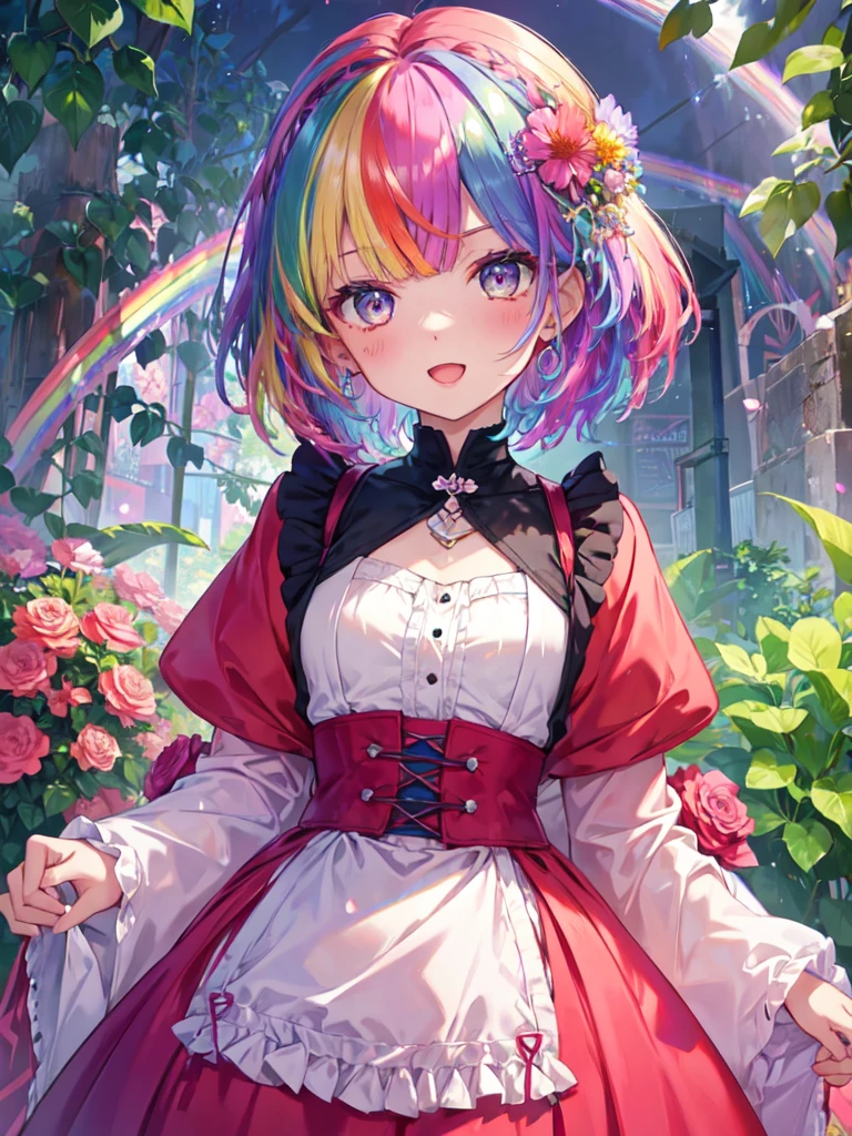 （8K、highest quality、Mast Piece:1.2）、Ultra-high resolution、1 16-year-old female、Ultra detailed face、Detailed eyes、Open Mouth、Laughter、((Rainbow Hair))、Asymmetrical Bangs、short hair、BREAK 、((flower dress))、Frilled Skirt、BREAK、(Rainbow Light:1.4)、botanical garden