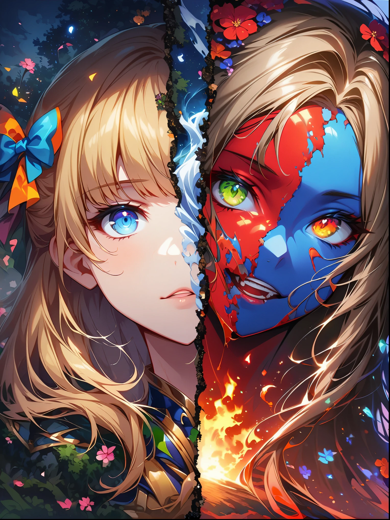 (covered in flowers:1.4), (1girl), blue eyes, night sky, robot joints, (raw flesh:1.3), (blonde hair:1.3), faize, fire and ice, (image split in half with multiple colours:2), (cogs attached to body:1.2), gold plates, blue eyes, sapphire, liquid metal, night sky, (looking at an angle:1.3), (fire and ice), ((ral-chrome)), (hair bow:1.4), (forest:1.3), (fog:1.3)