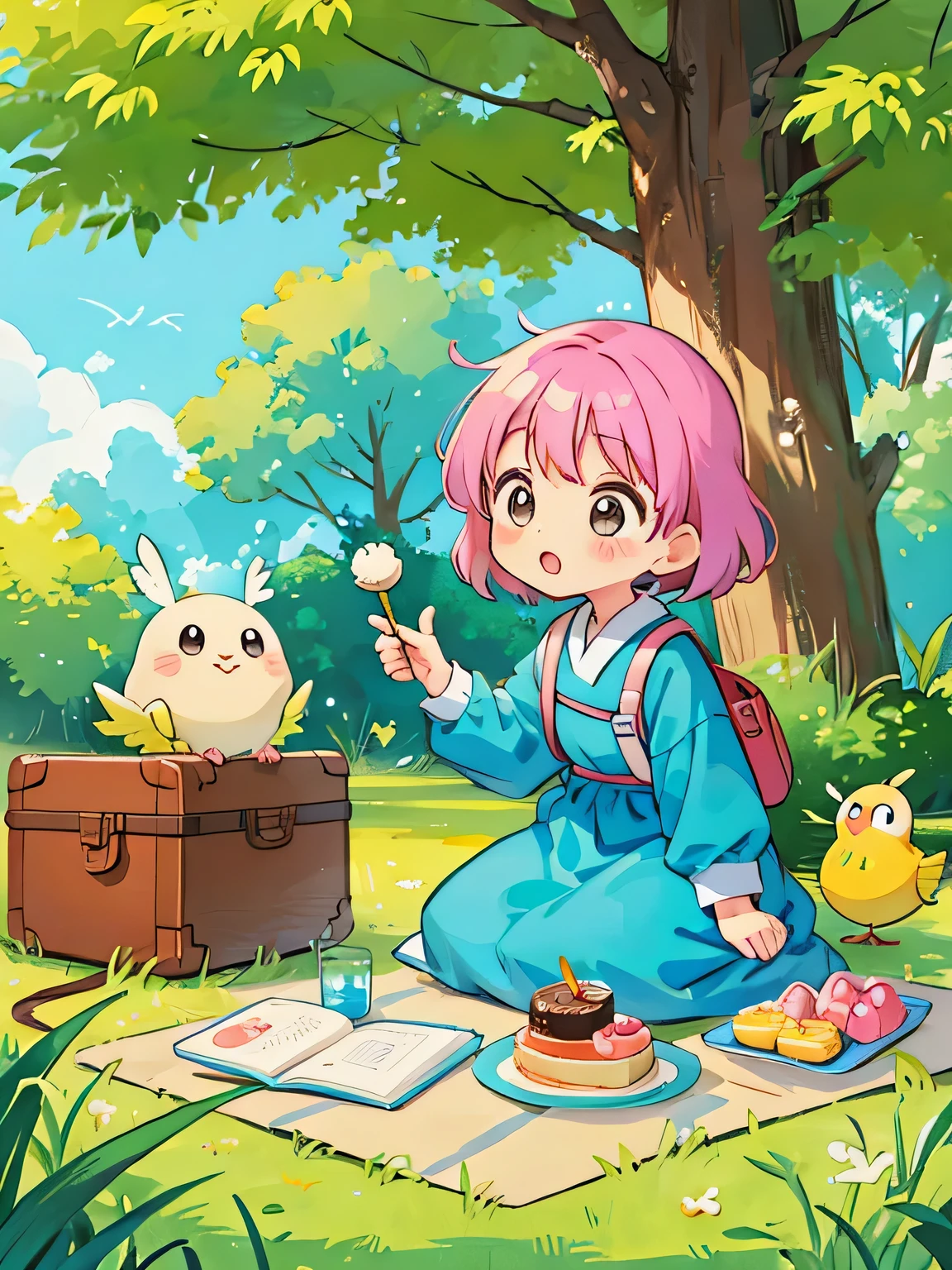 Fujio Akatsuka Style, Kawaii Design, most beautiful girl ever、Chibi, birdie、picnic, many friends