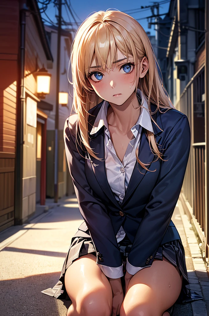 (((night,真night中))),((Perfect Anatomy:1.2,Realistic:1.3,Raw photo:1.3,masterpiece、highest quality、Ultra - High resolution、High resolution、Extremely detailed CG、8k)),Cowboy Shot,((attractive way to sit)),((((Crouching pose)))),1 female,alone,18-year-old、High school girl beautiful girl,Japanese,((Beautiful and exquisite face and eyes:1.2,Big beautiful eyes:1.3,)),((Beautiful woman))、Blonde,Long Hair,(Center parted hair:1.4,amount),Medium chest,((slim body)),Small Head:1.3,skinny,(Brown Skin:1.4),(Oily skin,Glowing Skin,Shiny skin,Sweat:1.2),(school uniform、Dark blue blazer jacket、Checkered pleated mini skirt),Dirty back alley、Tokyo、((Turn your body forward))、((((show panty)))),(lonely),((Feeling melancholy))、Stick out your crotch、(sad)、(Apathy),(Lucky)、((Expressionless))