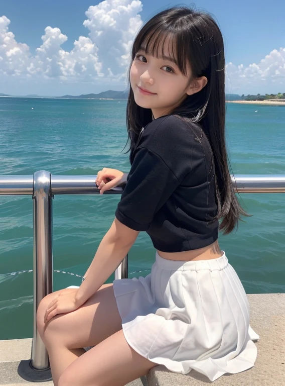 ((最high quality, 8k, masterpiece: 1.3, Ultra HD, high quality, 最high quality, High resolution, realism)) 、Very beautiful 18 year old Japanese girl、Hair color is black、black eye、Medium Hair、Straight hair、smile、A slim but well-proportioned muscular body、Athlete-like figure、I't'I'I don't want my head to disappear from the screen...、sit on a high breakwater on the beach、The blue sky is beautiful、There's a cloud at the entrance、that'summer、I'm wearing a sailor suit、Wearing a navy blue pleated skirt、Wear loafers、There is a road in front of the breakwater..、There is a sign indicating the bus stop.、The sea is beautiful、The horizon looks beautiful、I can see an island off the coast、On the embankment((Doctoral No..Slump Arale-chan))run sharply,((-yeld gi), ((slim, Narrow waist, Round ass,Thin thighs, Thin arms))