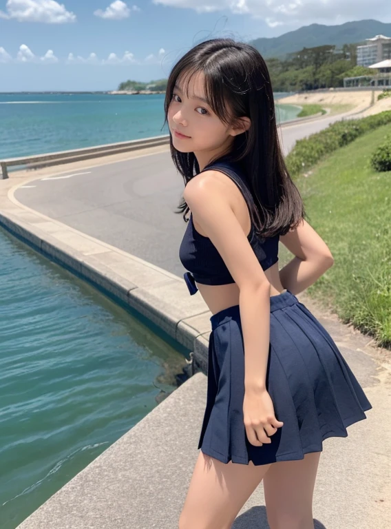 ((最high quality, 8k, masterpiece: 1.3, Ultra HD, high quality, 最high quality, High resolution, realism)) 、Very beautiful 18 year old Japanese girl、Hair color is black、black eye、Medium Hair、Straight hair、smile、A slim but well-proportioned muscular body、Athlete-like figure、I't'I'I don't want my head to disappear from the screen...、sit on a high breakwater on the beach、The blue sky is beautiful、There's a cloud at the entrance、that'summer、I'm wearing a sailor suit、Wearing a navy blue pleated skirt、Wear loafers、There is a road in front of the breakwater..、There is a sign indicating the bus stop.、The sea is beautiful、The horizon looks beautiful、I can see an island off the coast、On the embankment,(()), ((Narrow waist, Thin thighs, Round ass,Thin arms, Skirt flip))