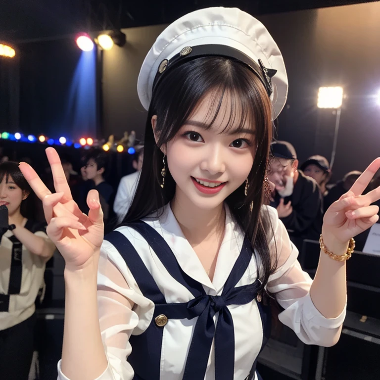 A young and beautiful woman、very beautiful、Top Idol、(Concert)、Euphoric look、smile、sweating、(A tight, semi-transparent sailor-style bodysuit:1.4、ribbon、Sailor Hat)、Dance hard、Hair is moving、Spotlight、View your viewers、