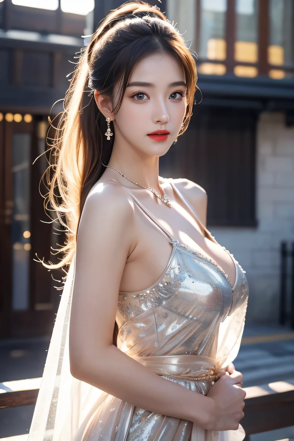 Beautiful Chinese waifu, early 30s, brunette hair, (small breasts), silver evening dress