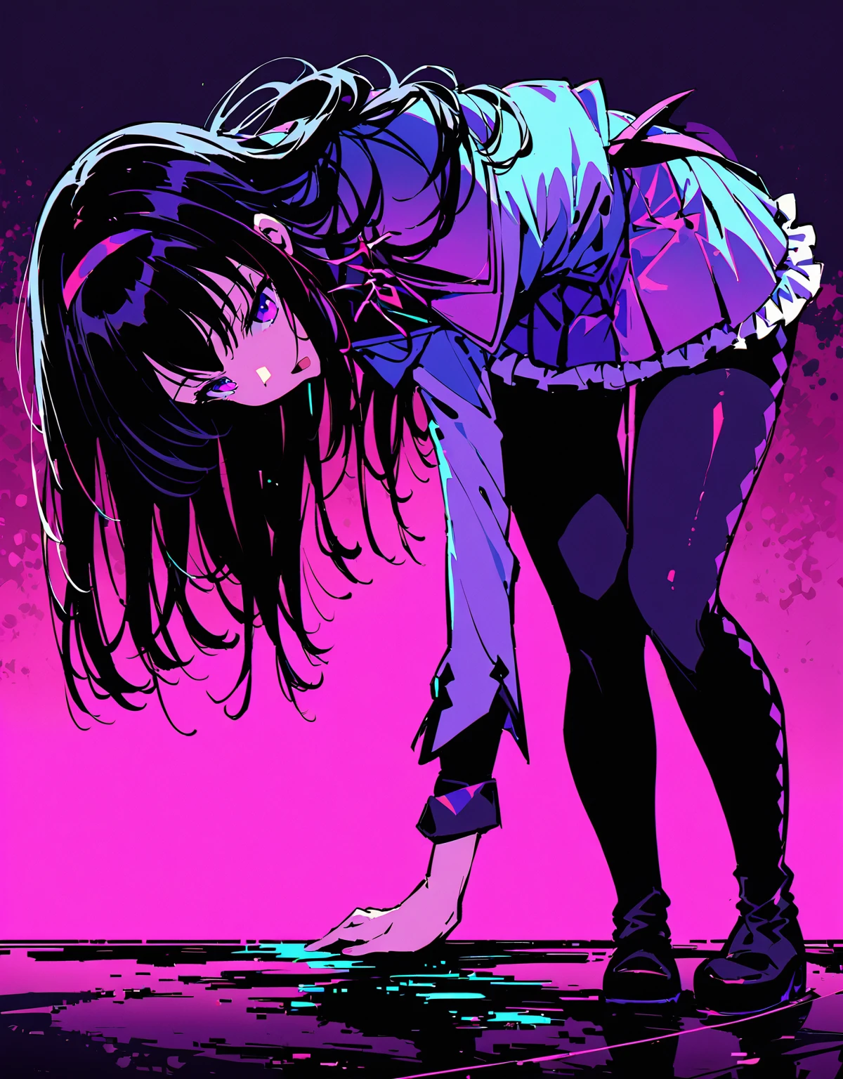 (highest quality:1.2),One girl,alone,homu，Magical Girl Clothes，boots，Purple eyes,Long Hair,Black Hair,bangs，Hair between the eyes,pixelated background,Neon Light,SF color scheme,Vibrant colors,Metallic texture,detailed shading,Holographic interface,Dark atmosphere,High Contrast,Sharp focus,twig of hair,Reflective surface,Exquisite detail,High resolution,Studio Lighting,Illuminated surroundings,Thick thighs,Beautiful Eyes, Beautiful background, beautiful and detailed body,Fine grain,classroom,Table Sex,Groin friction,Masturbation,A puddle of pussy juice,From below,Moaning,Open your mouth,arm_support,(Leaning forward:1.5),