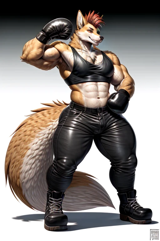((best quality)), ((masterpiece)), (detailed), perfect face, Based on this, create a vore OC for Crusher, Kevin's elder brother, who is dominant, older (~10~20 years-ish), Macro who aspires to eat Crusher, who is 20'1 tall:
Name: Crusher Rusty Heroux
Age: 24
Species: anthropomorphic wolfdog (70% Gray Wolf, 25% Tamaskan wolfdog, 5% Dingo),
Fur Colors: Orange with red on the tips of his ears and brush of his tail,
hair: Red, styled into a mohawk
Eyes: red
Height and Weight: 6'7 and 233 lbs,
Proportions: 50" Chest, 21" Shoulders, 17" Biceps, 36" Waist, 25" thighs, 17" calves, 20" back
Outfit: Black bandana wrapped around forehead, black leather sleeveless vest, white t-shirt with sleeves ripped off, black leather pants, black leather boots, Scarlet boxing gloves
Personality: ISFP 8w9 (458), Steadiness (Disc Profile)