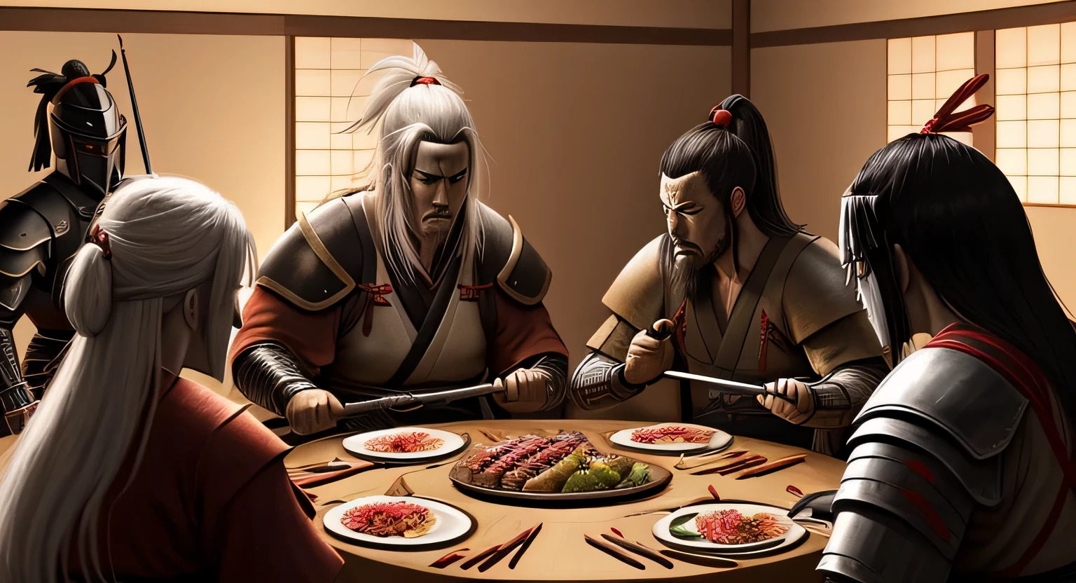 Cena de uma guerra entre samurais, Feudal Japan, espadas, fogo, undoing 