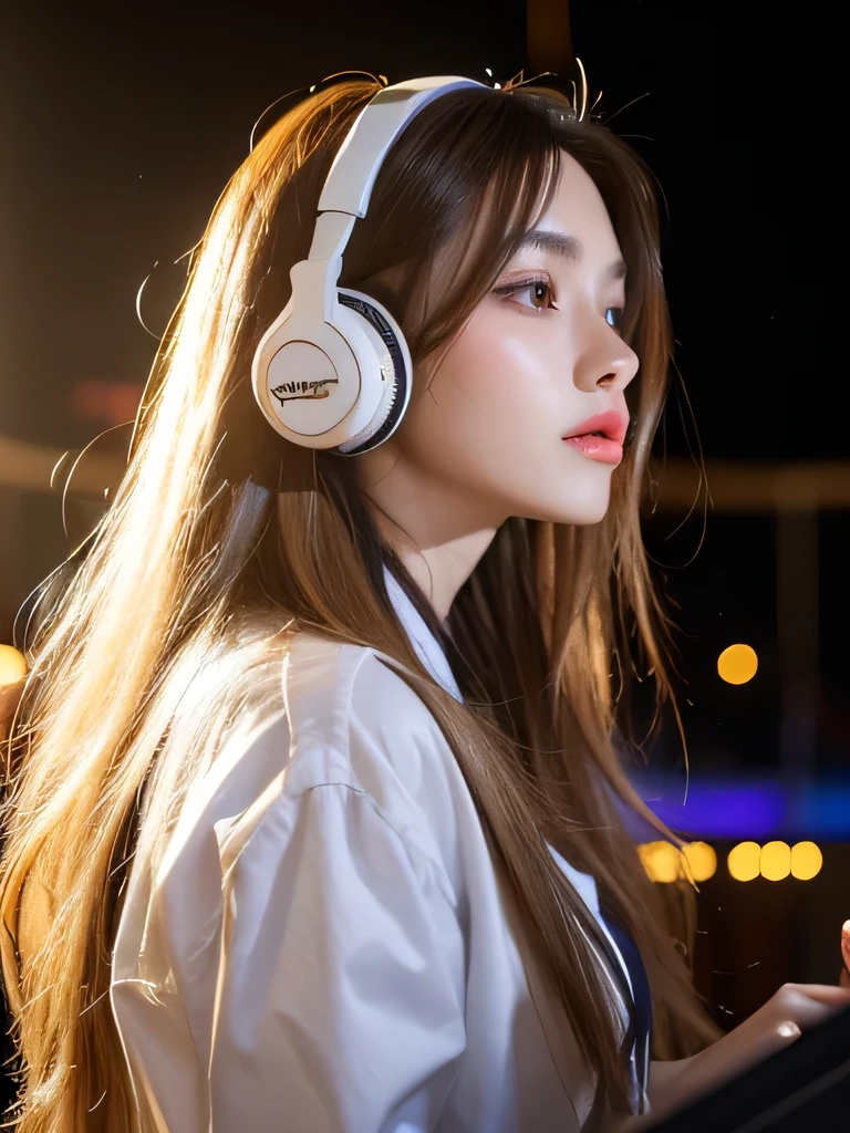 A female DJ,Looks beautiful,Glamorous,Light-colored long hair,Headphones,on stage,Colored lights,Offstage is the audience,Ultra-high-definition picture quality,8 times the resolution,magic color,Extreme Color,Perfect details