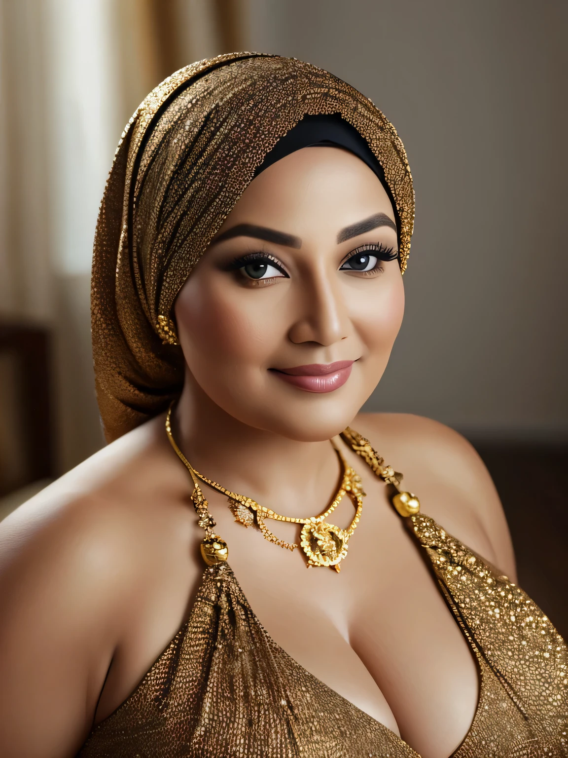 ((Realistic)) ((masterpiece)) 62 Years old, (beautiful Brunei woman face) , (high class fat lady) (curvy sexy body shape) (gorgeus eyes), wearing Wide Hijab, wearing gamis, perfect, natural Gigantic saggy breast : 96.9, (gorgeous eyes), Soft smile, golden necklace, Breast about to burst Out, natural makeup, close up half body shot, sie boob, detailed expression, professional photography with natural lighting