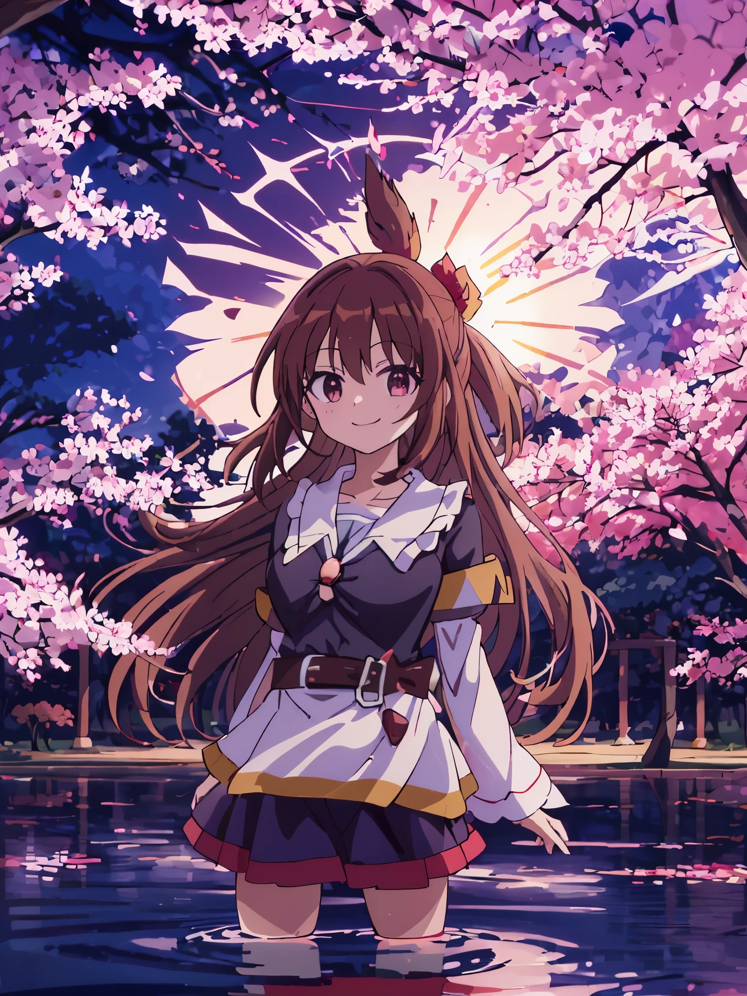 Megumin Konosuba, solo, Falda, ojos rojos, cabellos cortos, smile, Ajedrez, arms behind the back, Mirando al espectador, dos lados arriba, ombligo, Uniforme escolar, Falda marrom, camisa, franja, camisa blanca, diafragma, mangas largas, By the chestnut, collar marinero, senos, boca cerrada, hierba revoloteando,(primavera,Flores de Sakura),Petals,(Destello de lente),altocumulo,(sombra) de [A Sakura tree],prado,(lago,surface reflection)